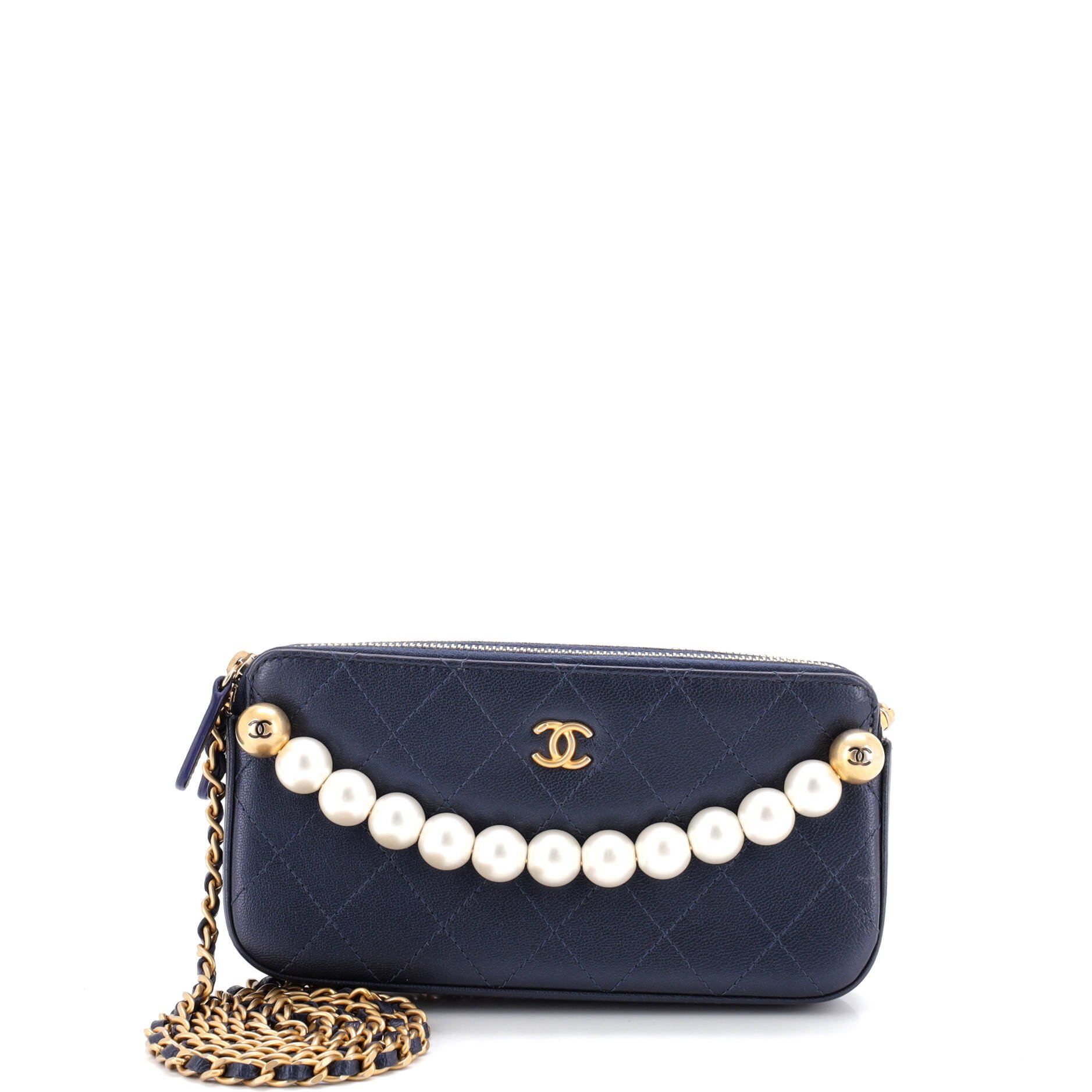 Chic Pearls Double Zip Clutch with Chain Quilted Lambskin