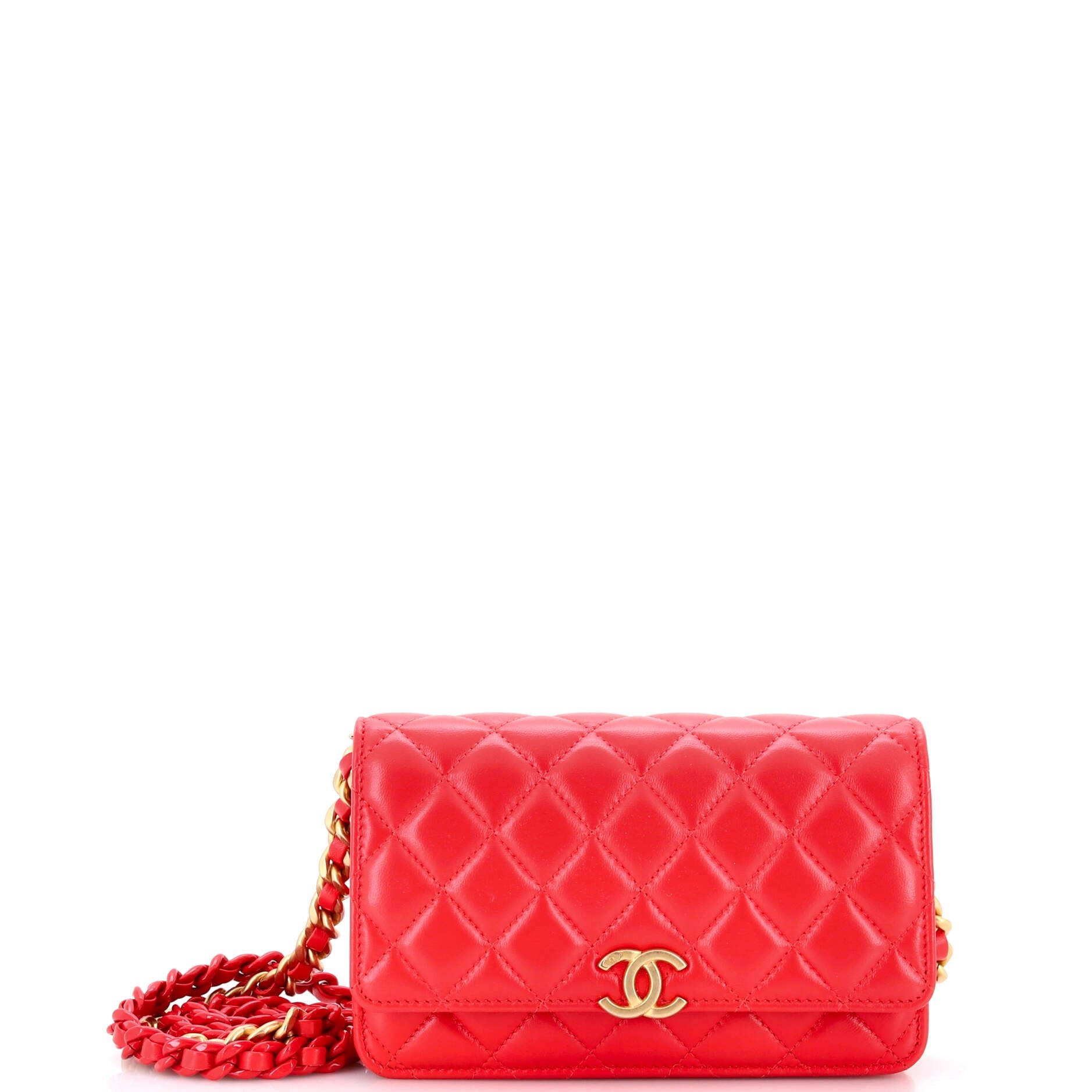 Lacquered Metal CC Wallet on Chain Quilted Lambskin