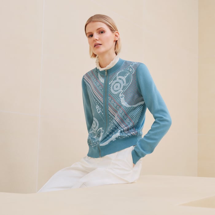 Bleu Arctique "Eperon d'Or Bandana" Long-sleeve Zipped Twillaine Cardigan