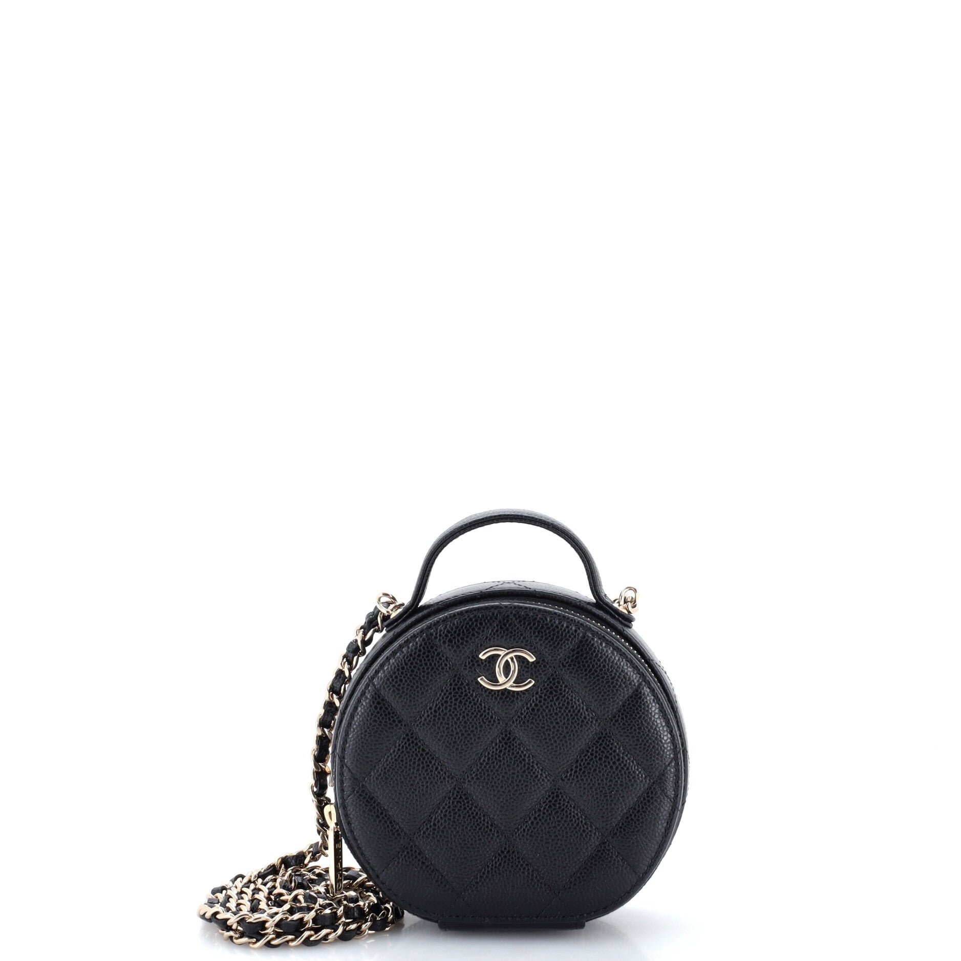 Handle with Care Round Vanity Case with Chain Quilted Caviar Small