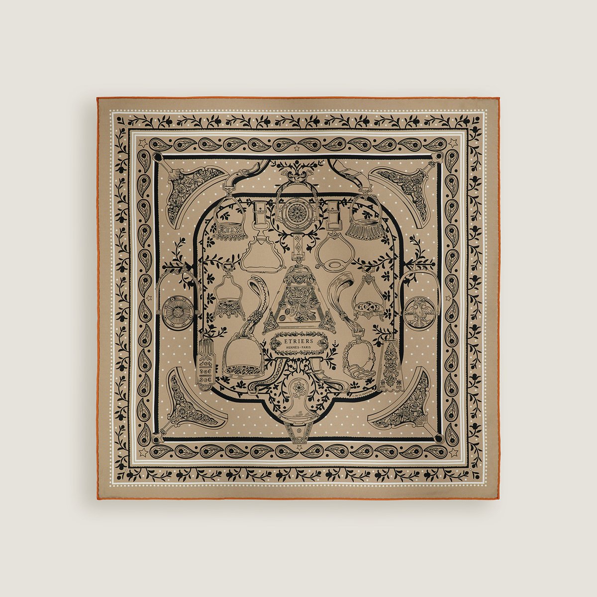 Hermès Etriers Remix bandana 55 Beige Doré/Noir/Blanc | BagUSeek