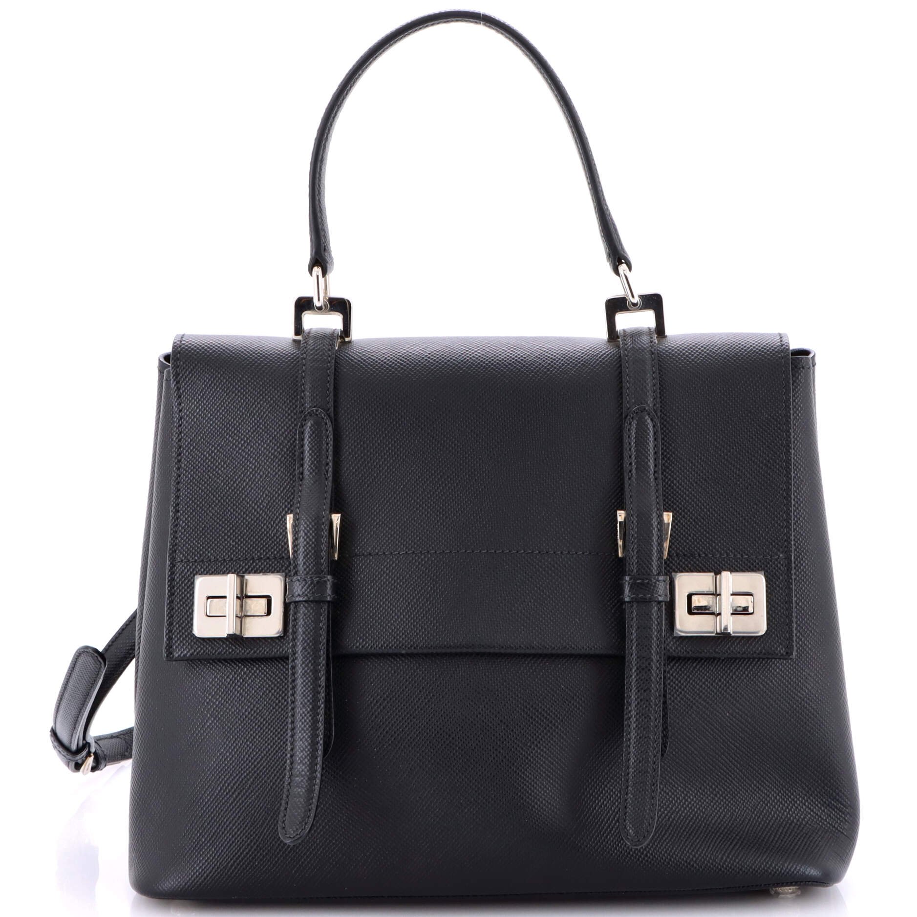 Prada Half Flap Double Turn Lock Satchel Saffiano Leather Medium