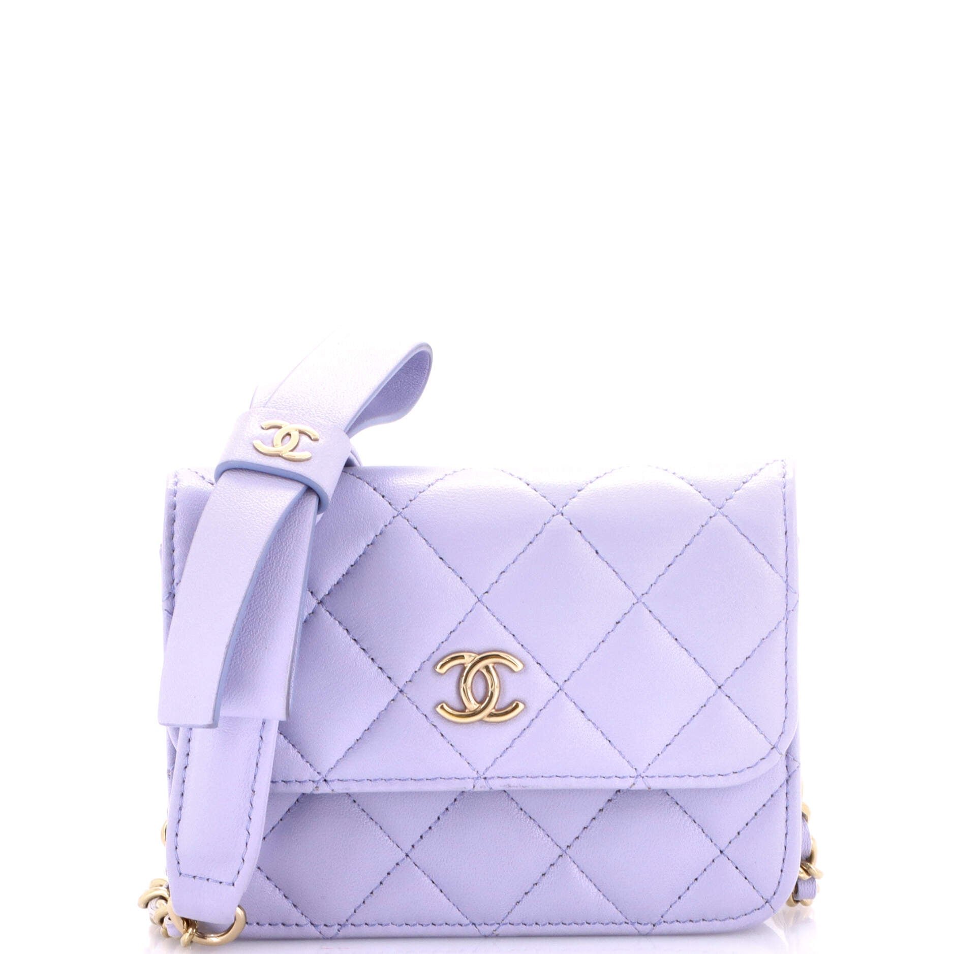 Bow Strap Card Holder on Chain Quilted Lambskin