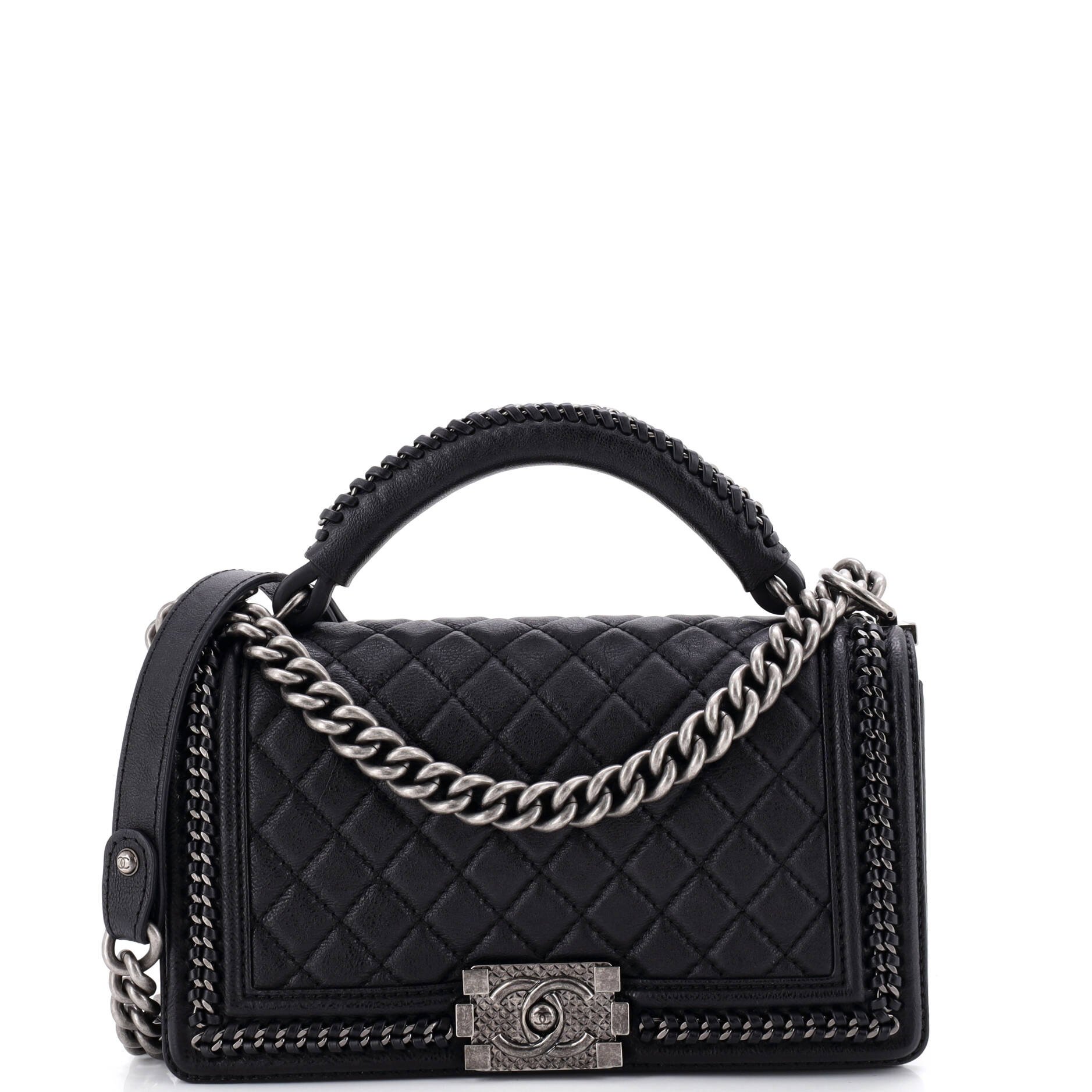 Chain Handle Boy Flap Bag Quilted Grained Calfskin Old Medium