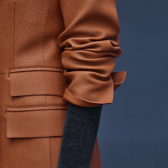 Marron Fauve Wrap Leather Suit Jacket