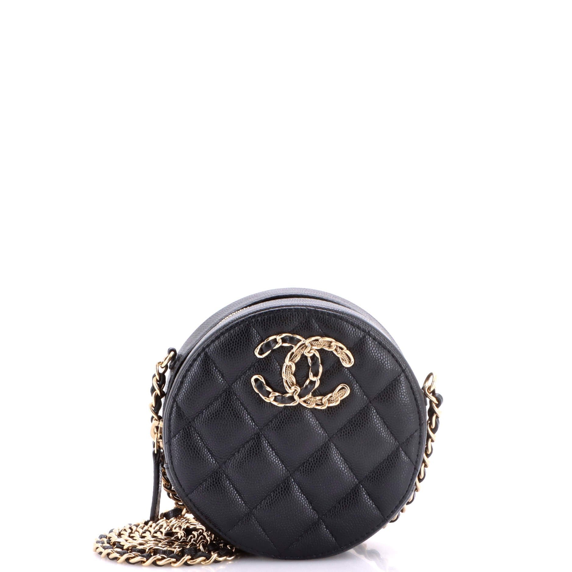 French New Wave Round Clutch with Chain Quilted Caviar