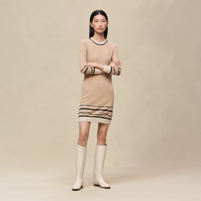 Beige Cajou "Ex-libris" 3/4-sleeve Dress