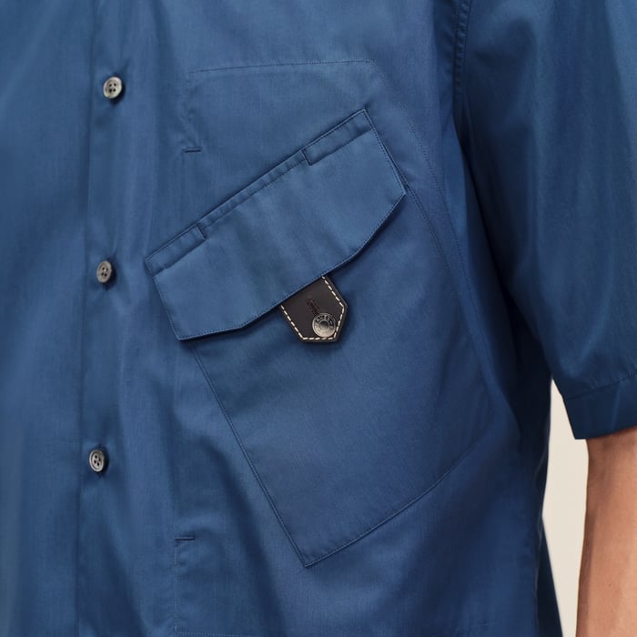 Indigo Short-sleeve Straight Cut Shirt With Leather Detail