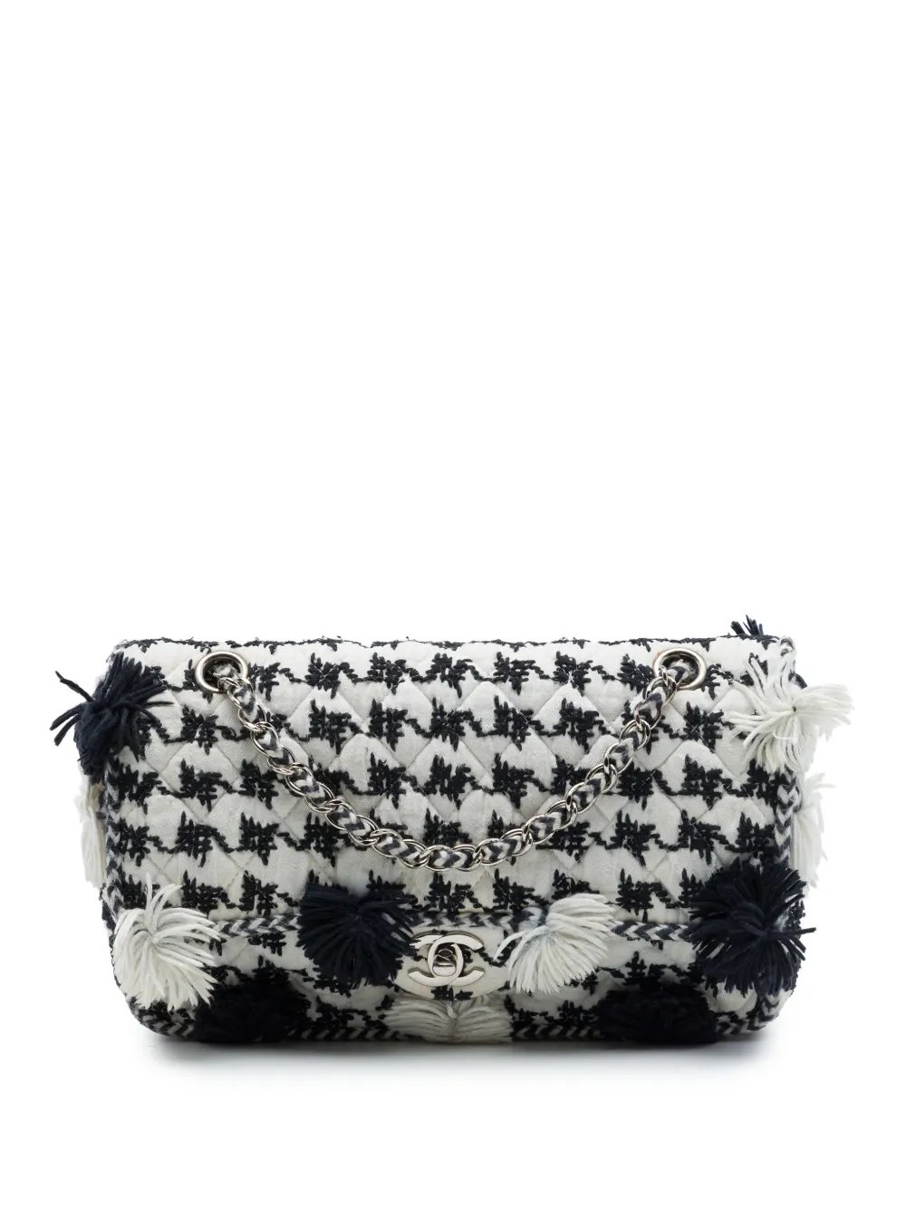 2014-2015 Medium Classic Embroidered Canvas Houndstooth Pom Pom Flap shoulder bag