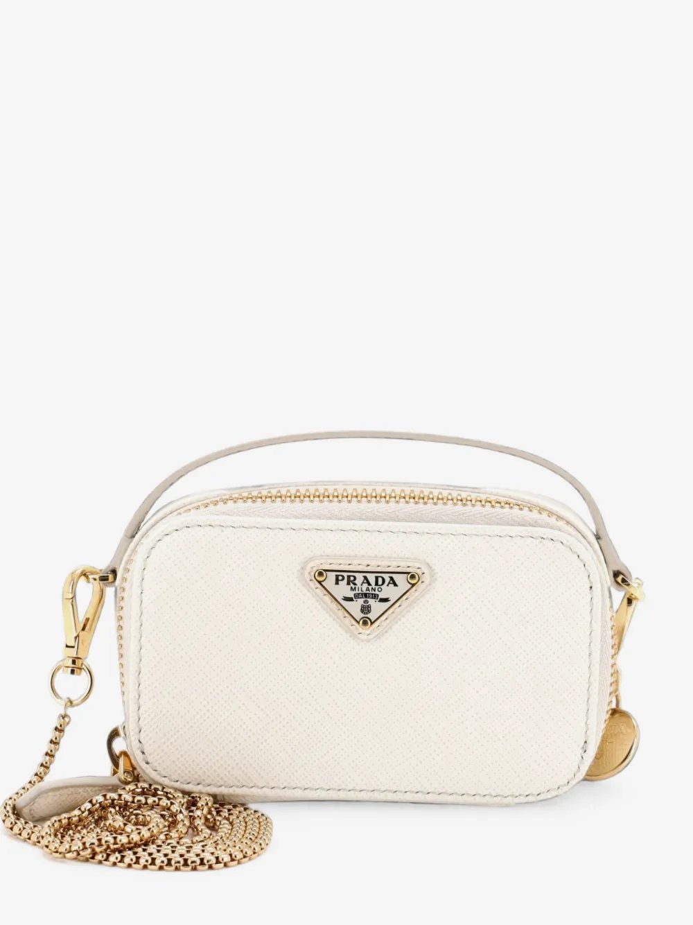 Triangle Logo Top Handle Pouch Saffiano Leather Mini crossbody bag