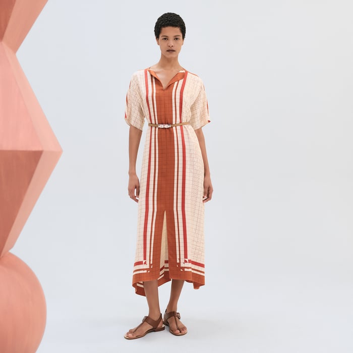 Beige Kaolin "Coaching Deja Vu" Belted Caftan