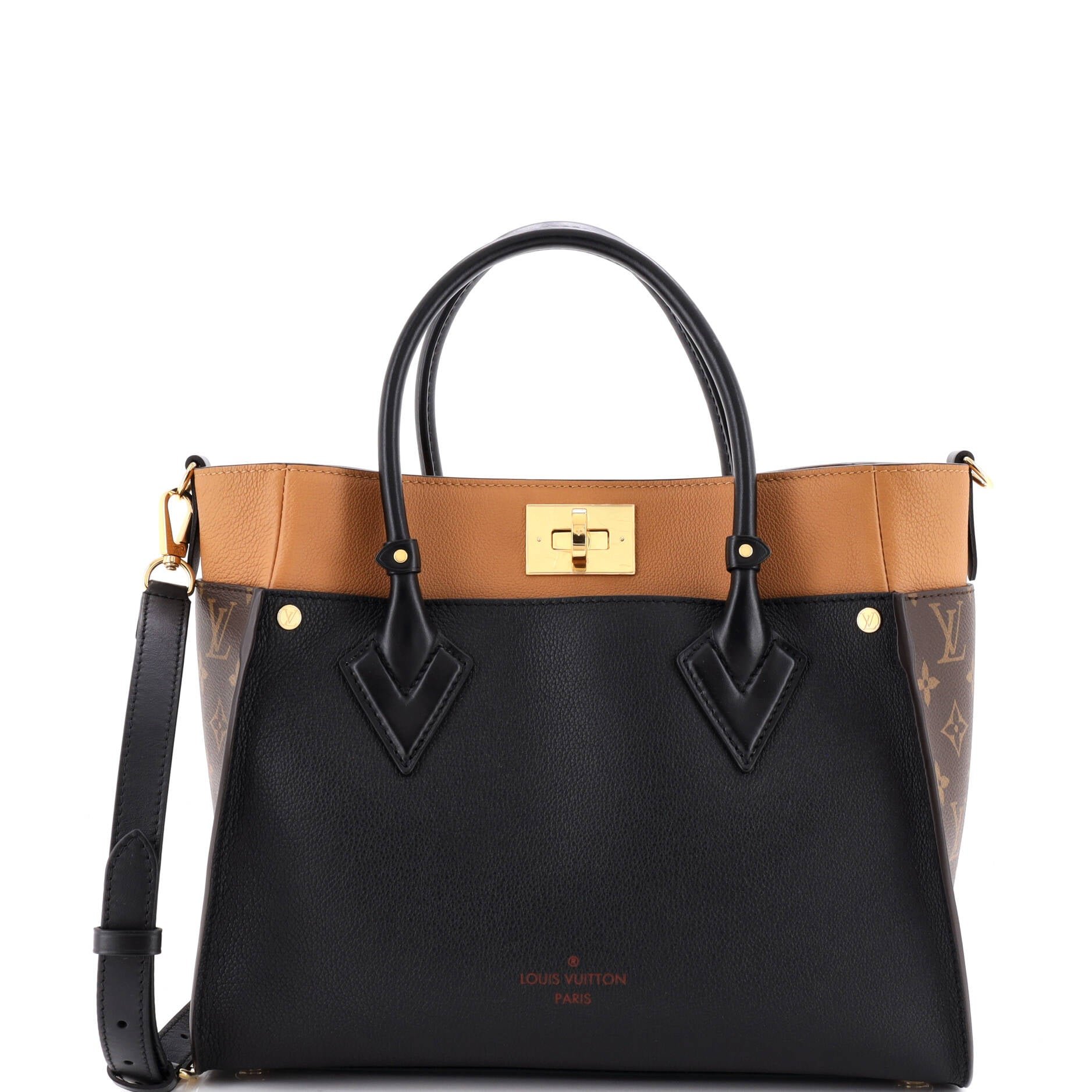 On My Side Tote Leather with Monogram Canvas MM