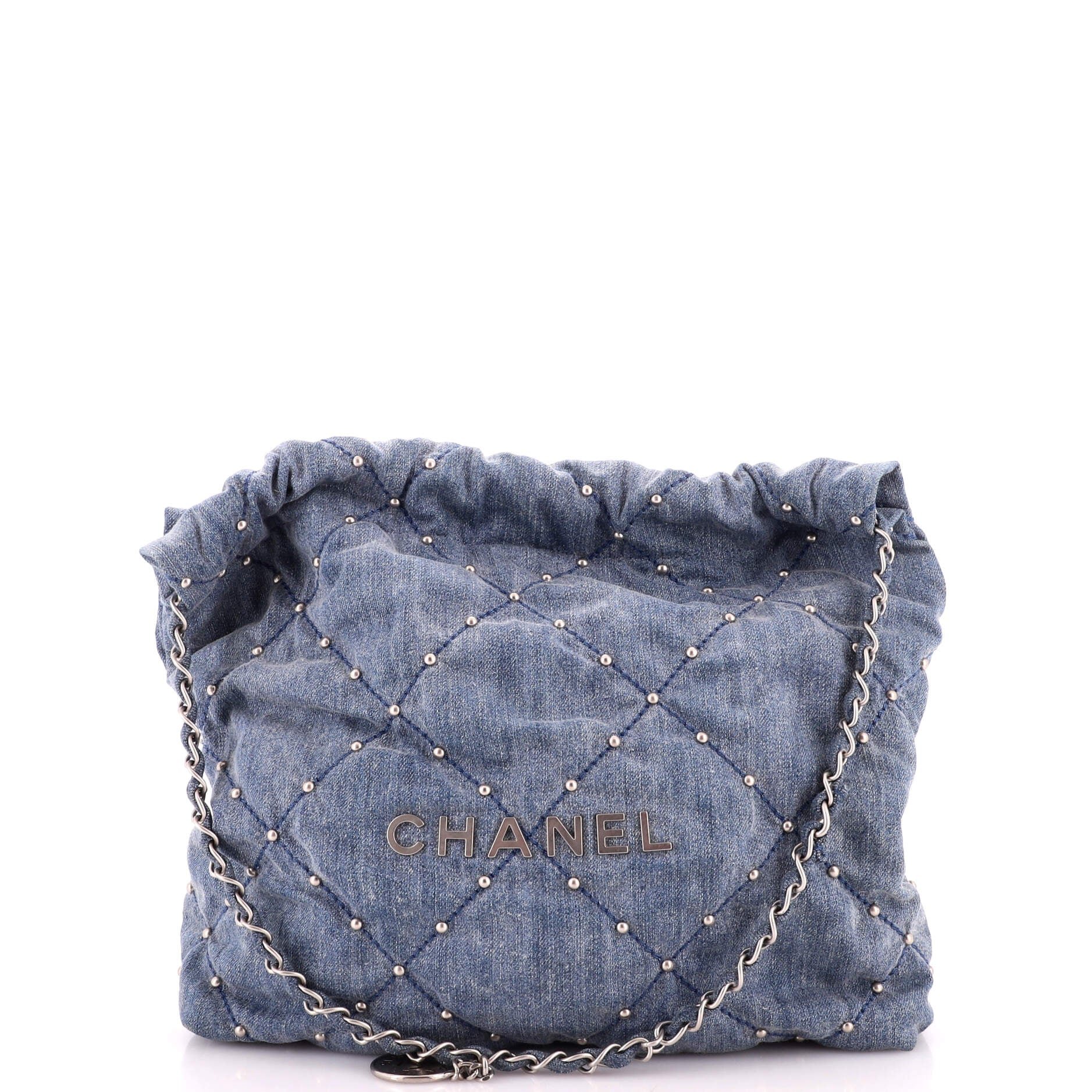 22 Chain Hobo Quilted Studded Denim Small