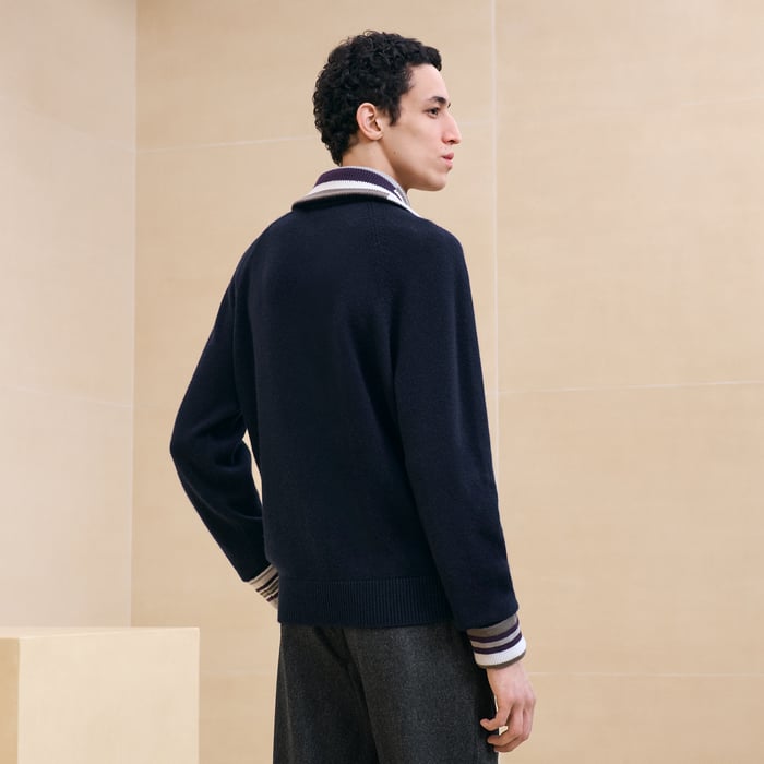 Marine Cashmere "Rayures Asymetriques" Polo Sweater