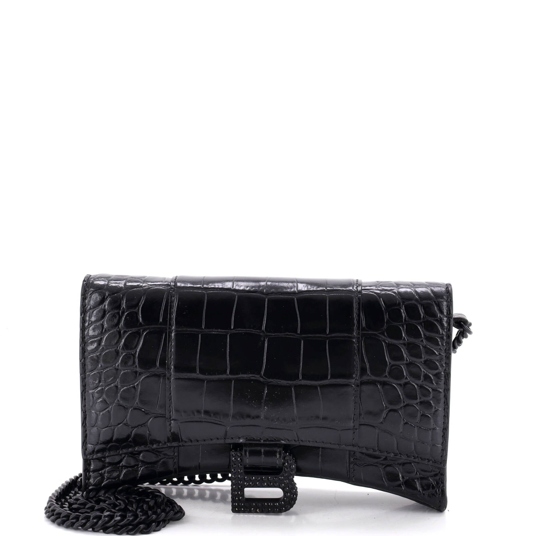 Hourglass Chain Wallet Crocodile Embossed Leather