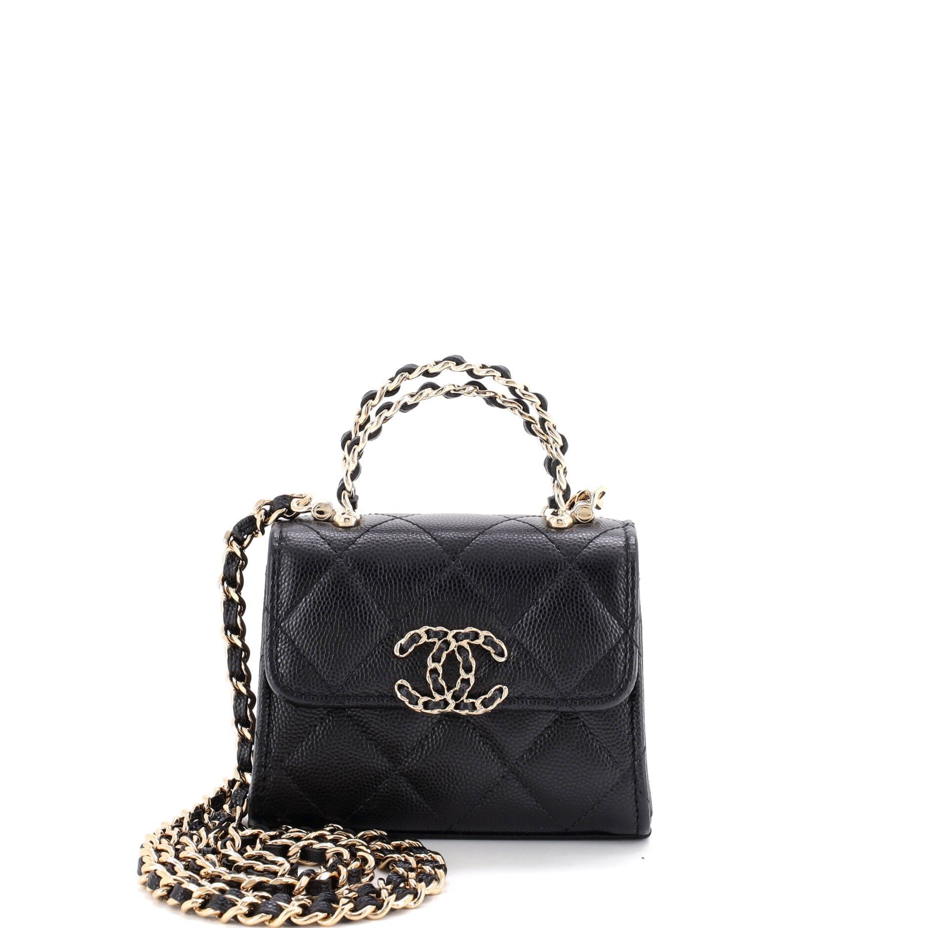 Woven Chain CC Top Handle Flap Clutch with Chain Quilted Caviar Mini
