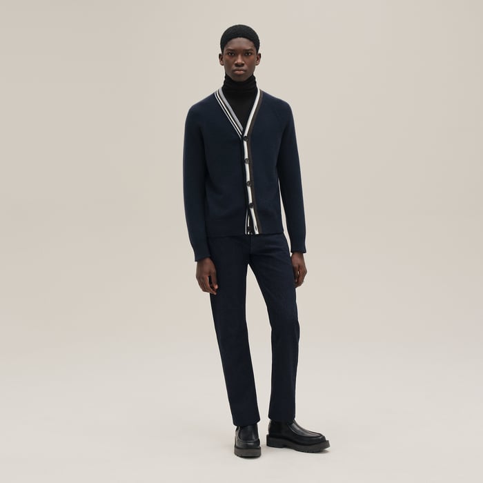 Marine Cashmere "Rayures Asymetriques" Buttoned Cardigan
