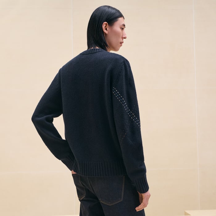 Marine Cashmere "Argyle Brode Cuir" Crewneck Sweater