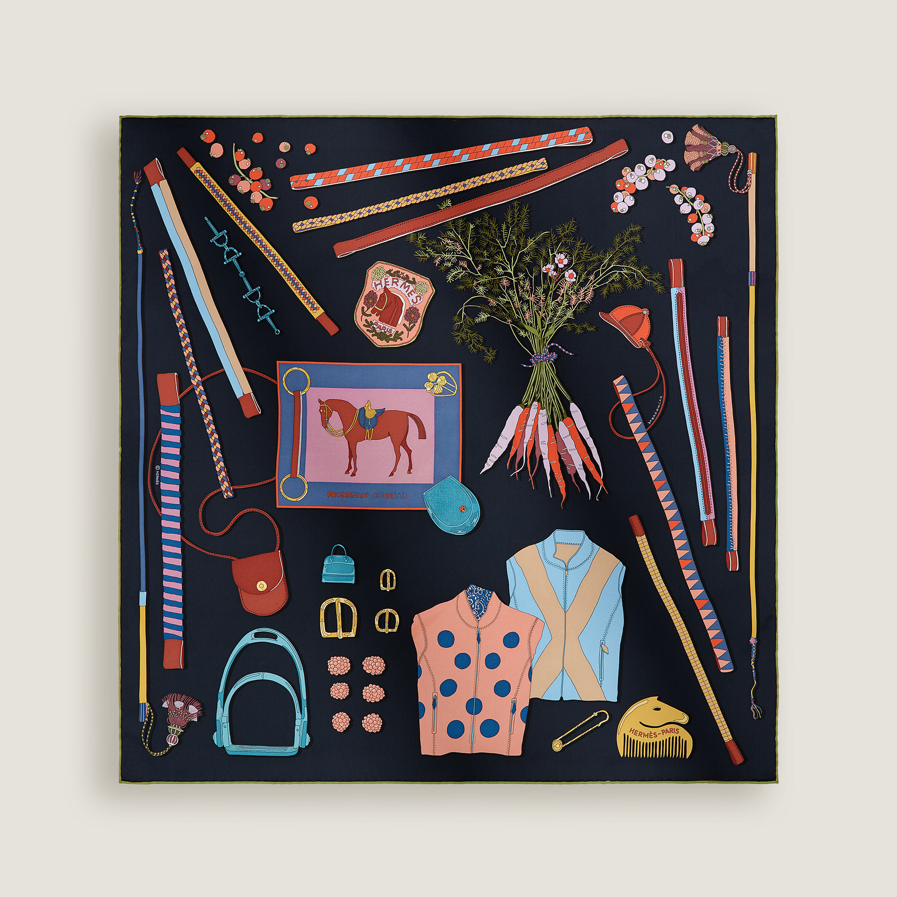 Hermès Grand Manege Detail scarf 70 Caban/Rose Poudre/Jaune | BagUSeek