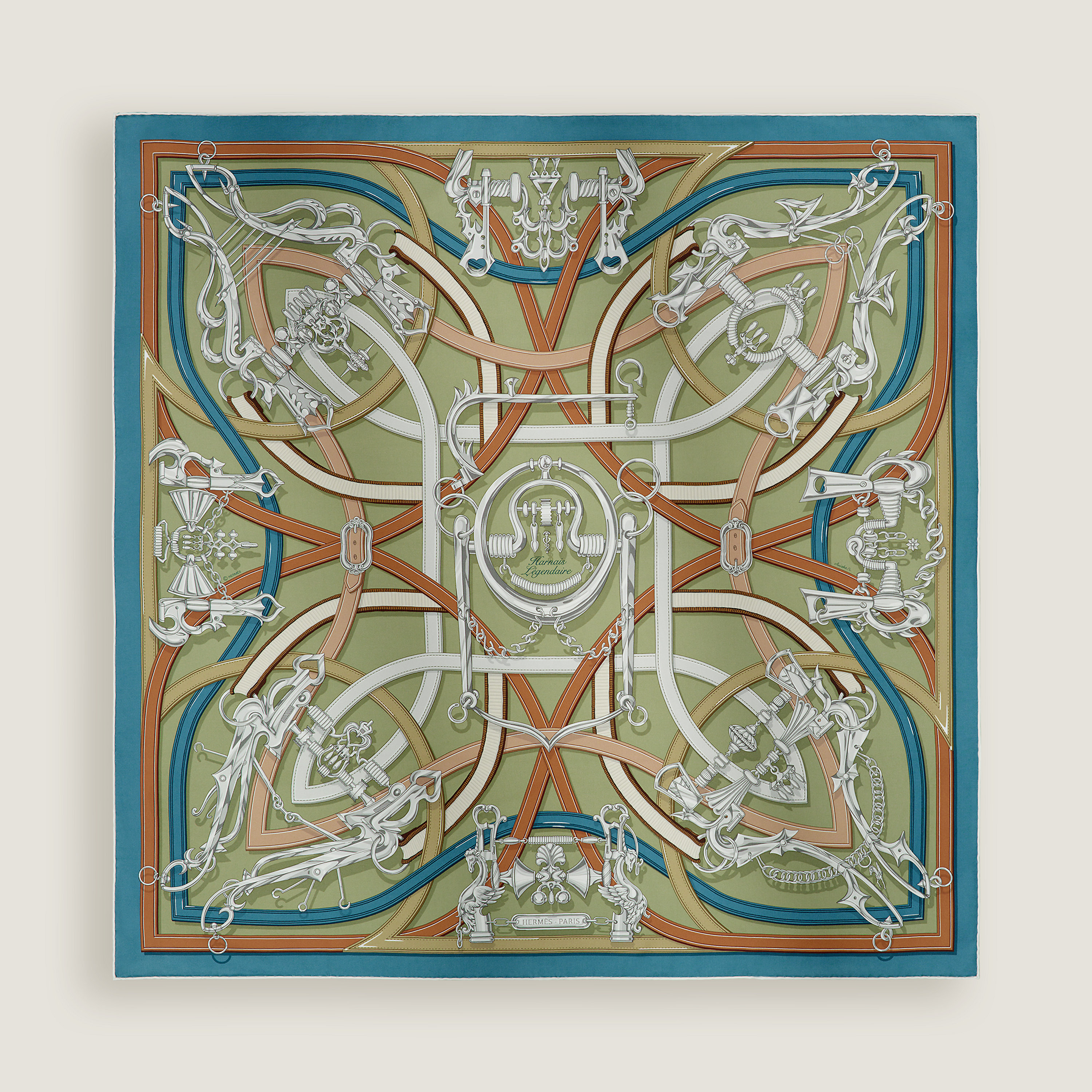 Hermès Harnais Legendaire scarf 90 Vert Amande/Bleu Jean/Cannelle
