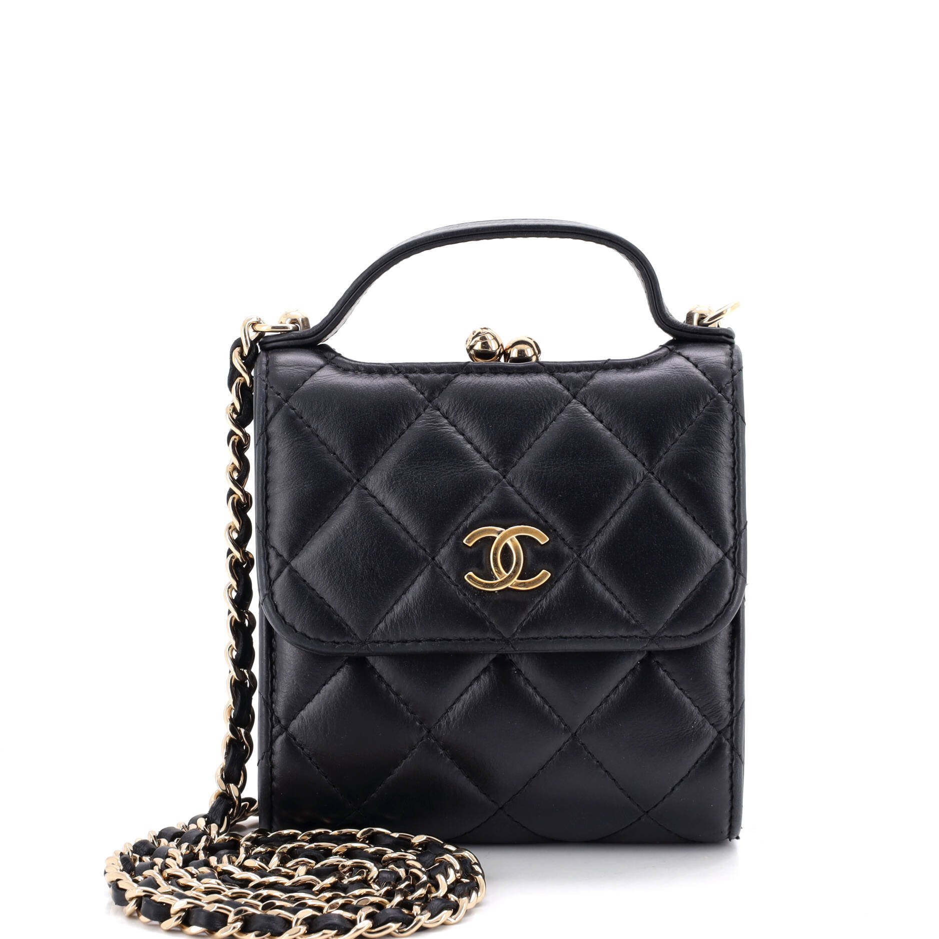 CC Kisslock Frame Top Handle Clutch with Chain Quilted Lambskin Mini