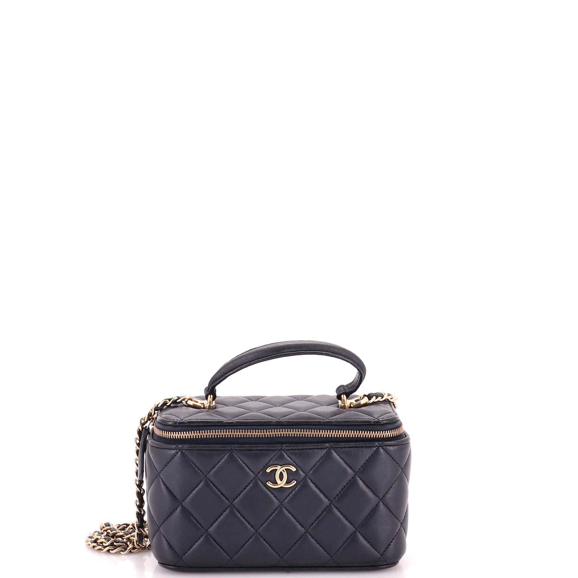 Classic Top Handle Vanity Case with Chain Quilted Lambskin Small