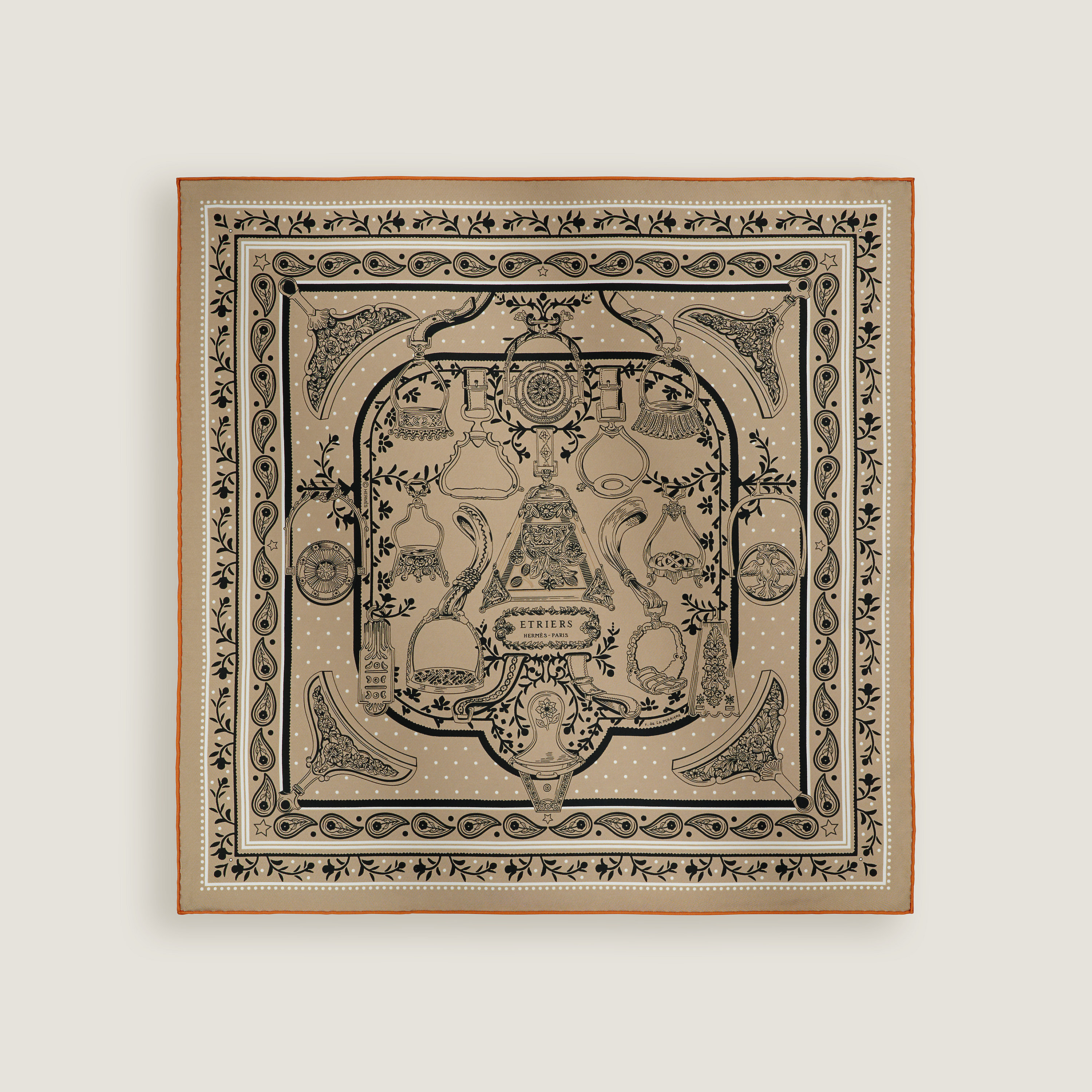 Hermès Eperon d'Or bandana 55 Étoupe/Chocolat/Blanc | BagUSeek