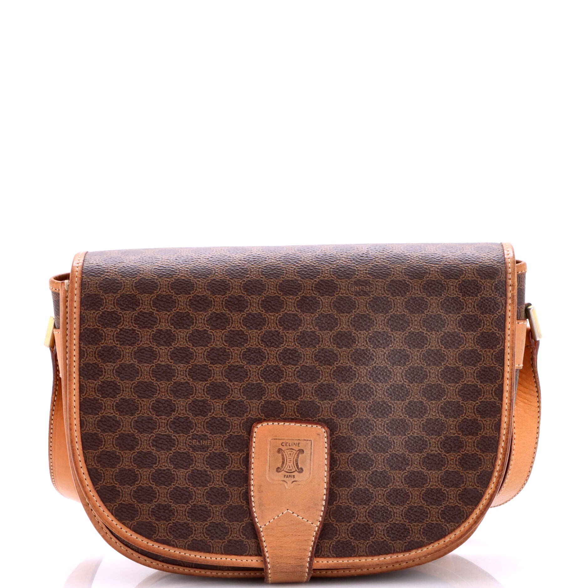Celine Vintage Saddle Flap Shoulder Bag Macadam Coated Canvas Small