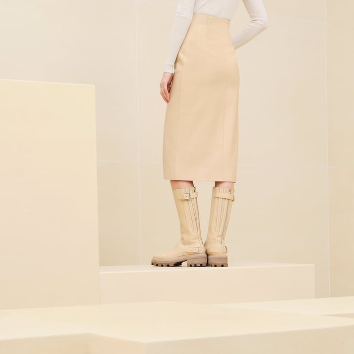 Beige Tendre Zipped Pencil Skirt