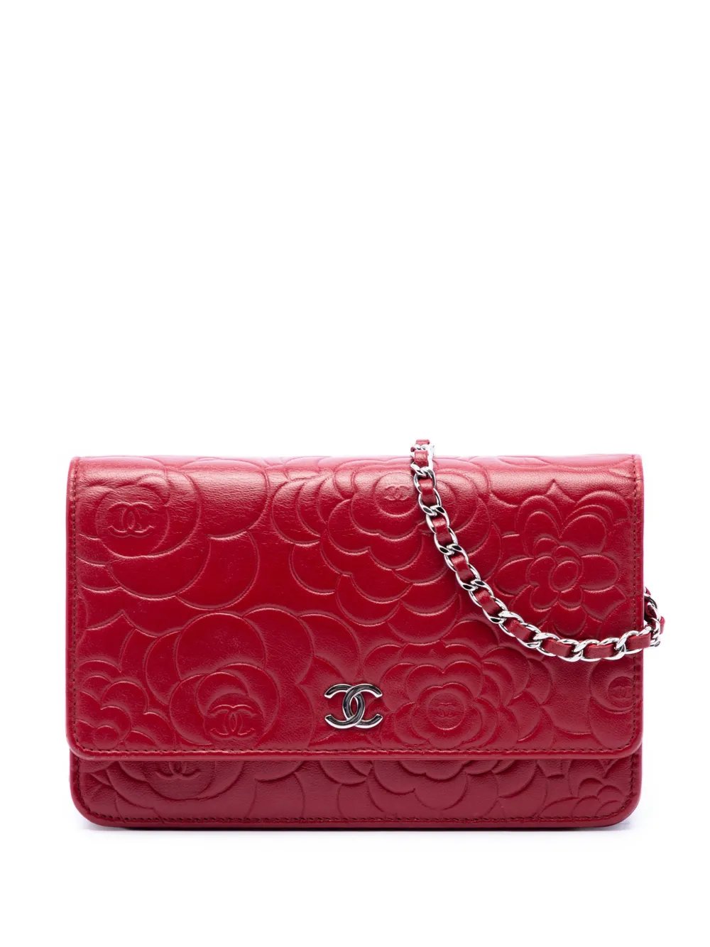 2014 CC Embossed Lambskin Camellia Wallet On Chain crossbody bag