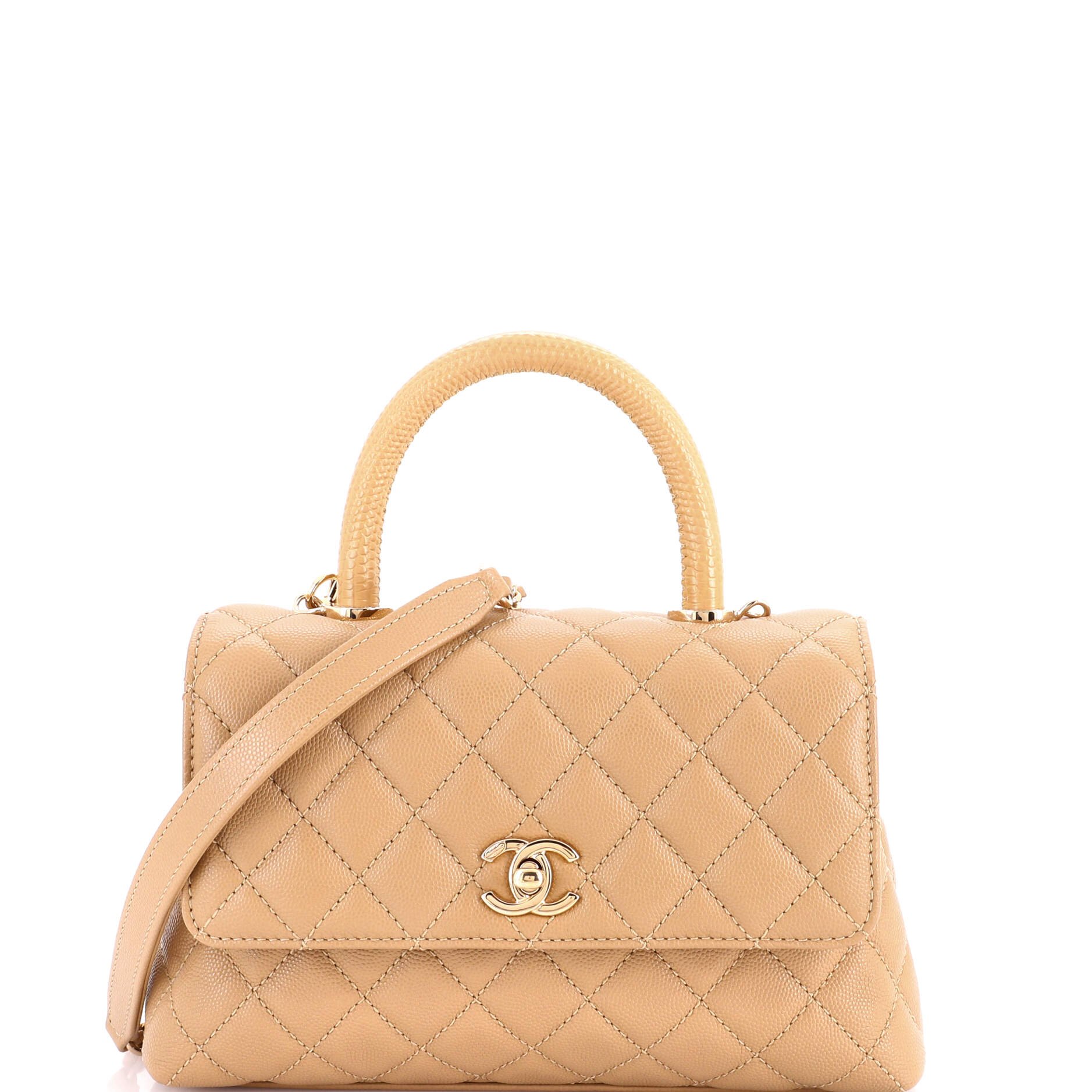 Coco Top Handle Bag Quilted Caviar with Lizard Embossed Handle Mini