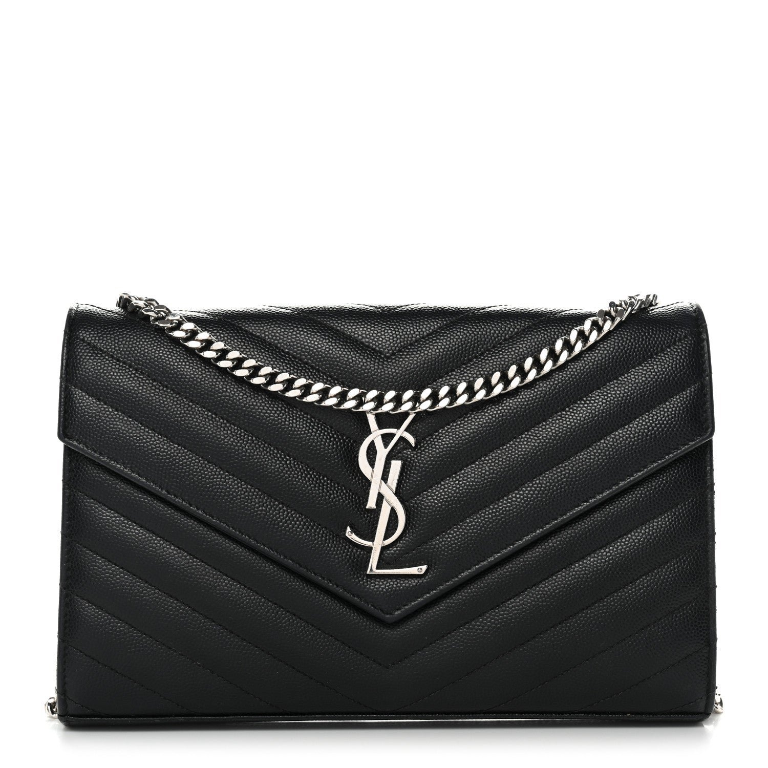 Saint Laurent Grain De Poudre Matelasse Chevron Monogram Chain Wallet  Black