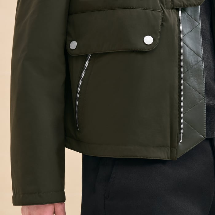 Kaki Straight Cut Jacket With Leather Detail