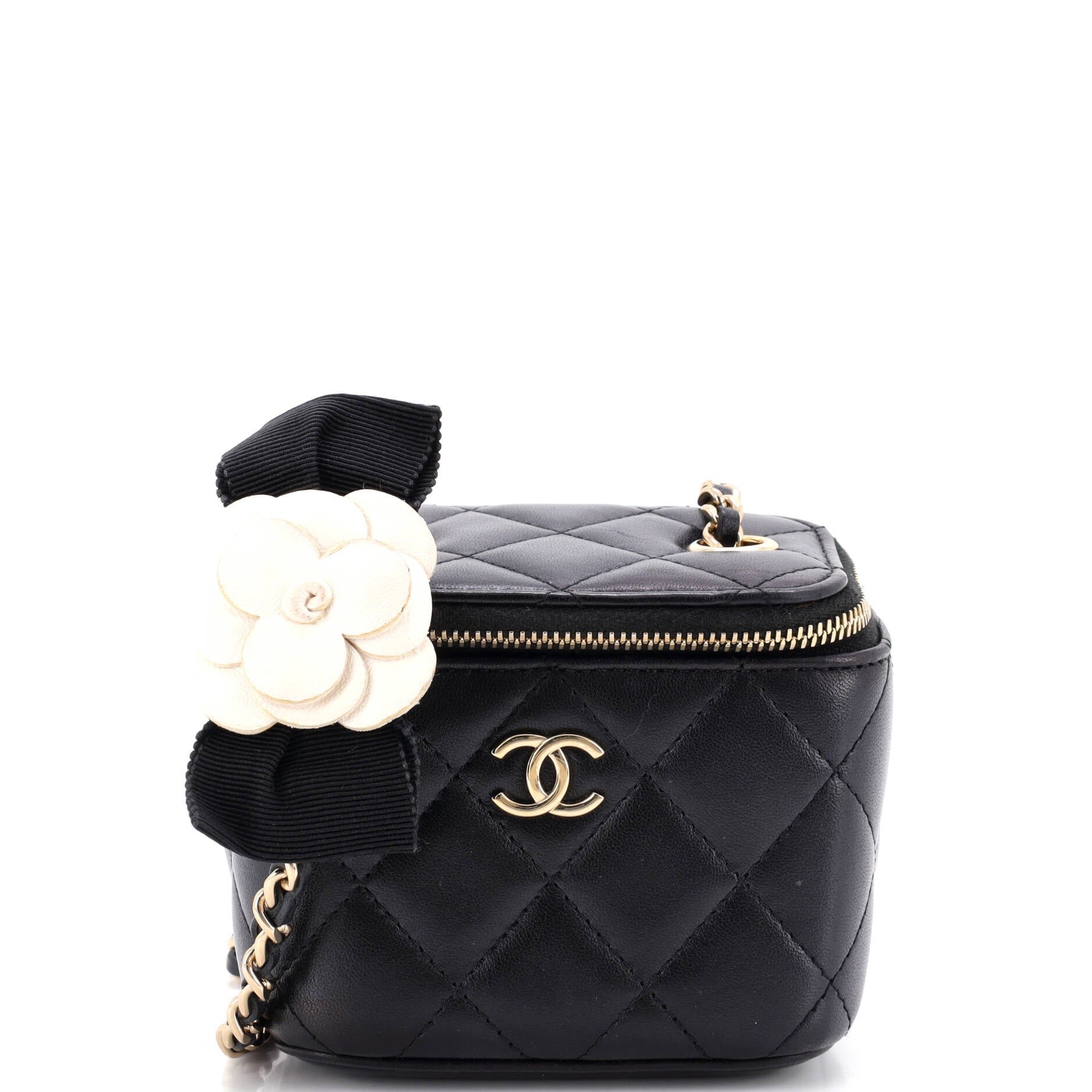 Camellia Bow Vanity Case with Chain Quilted Lambskin Mini