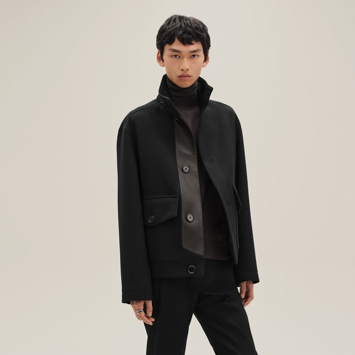 Noir Straight Cut Jacket With Leather Detail