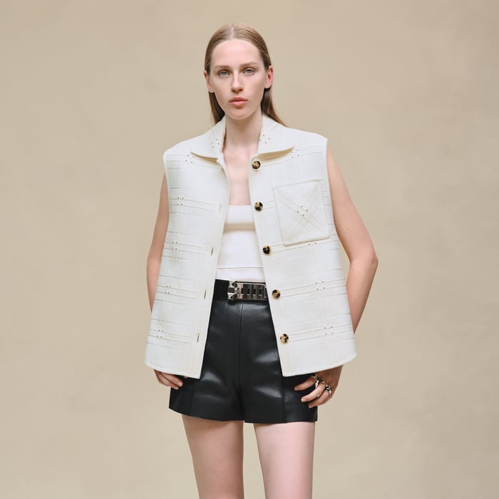 Blanc Naturel Embroidered Short Vest With Leather Detail