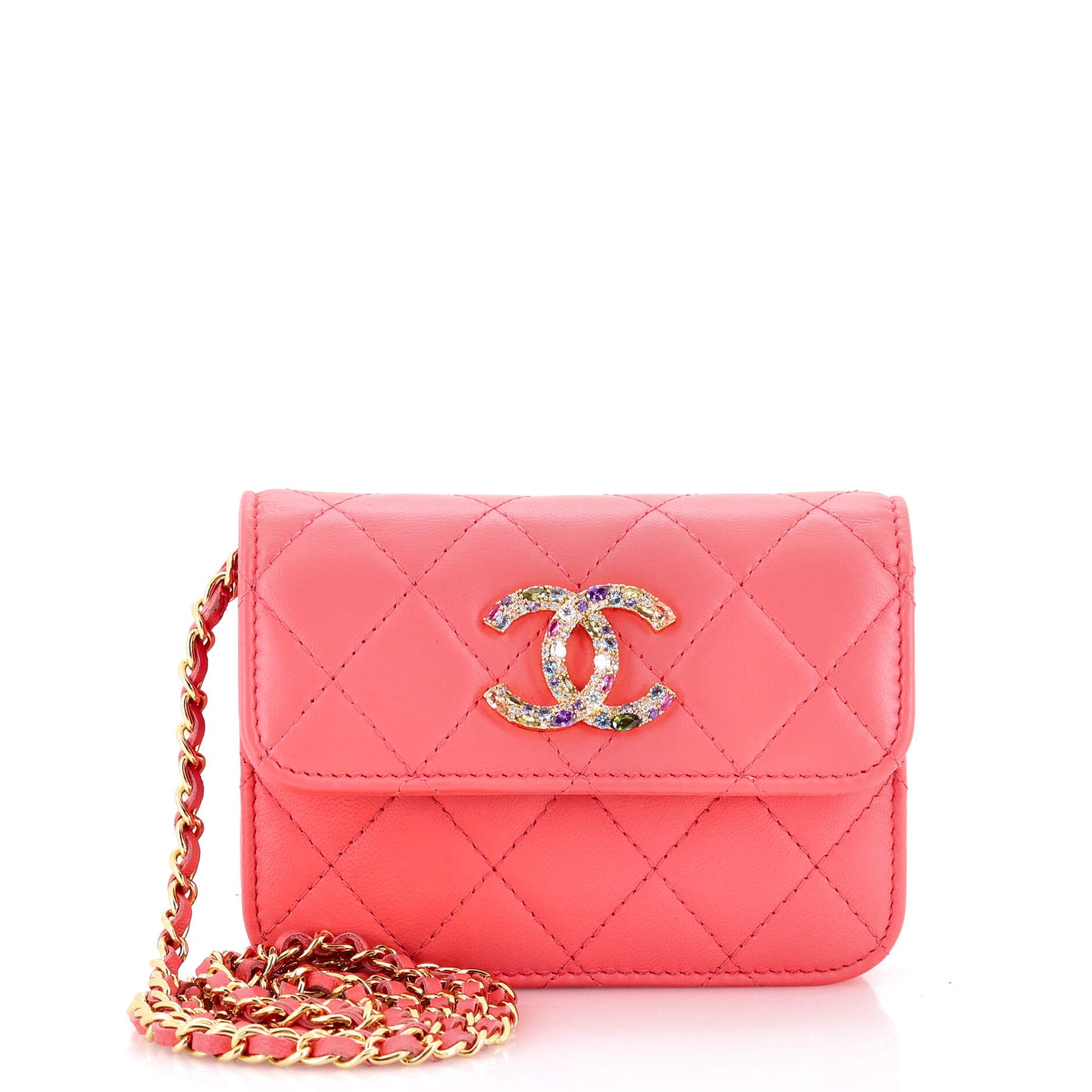 Crystal CC Card Holder with Chain Quilted Lambskin