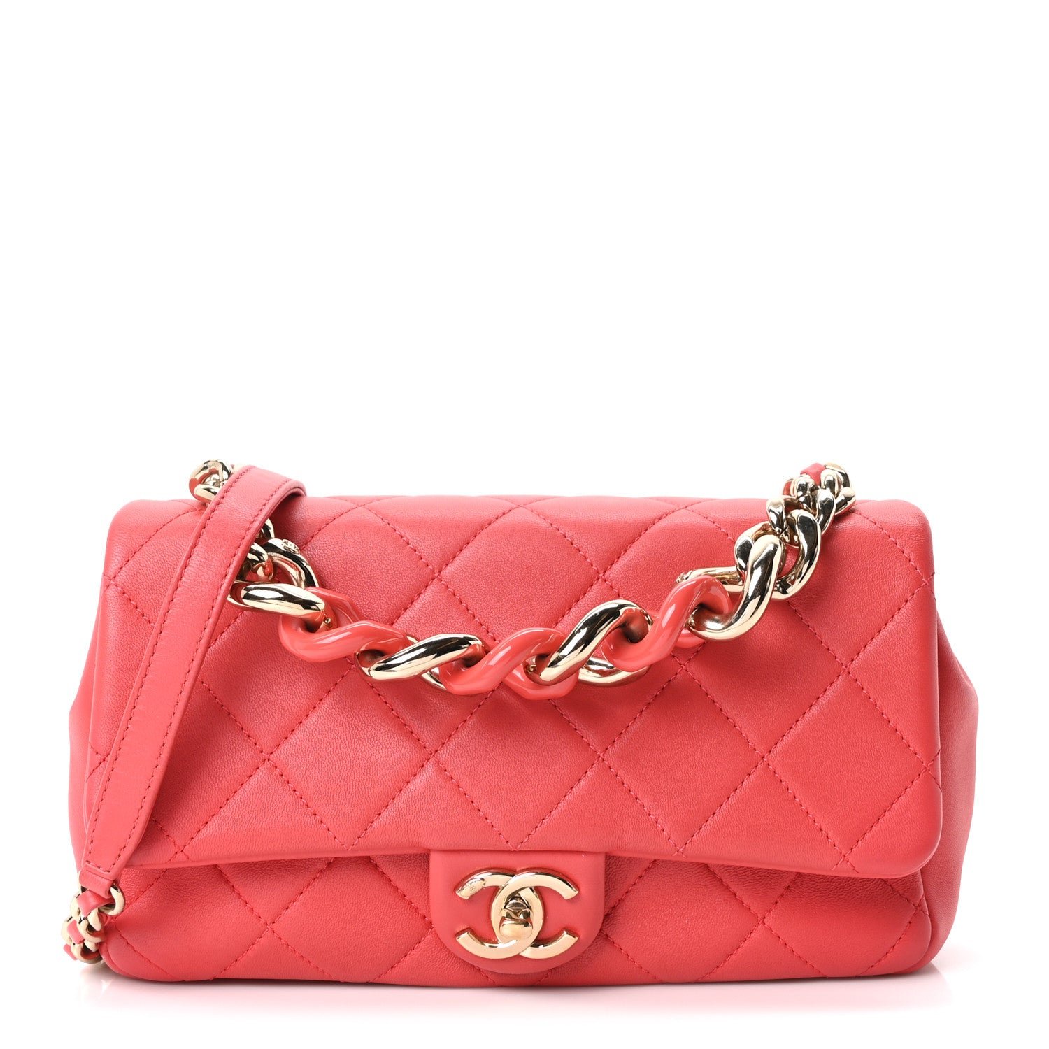 Chanel Lambskin Quilted Resin Bi-Color Chain Flap Bag Red