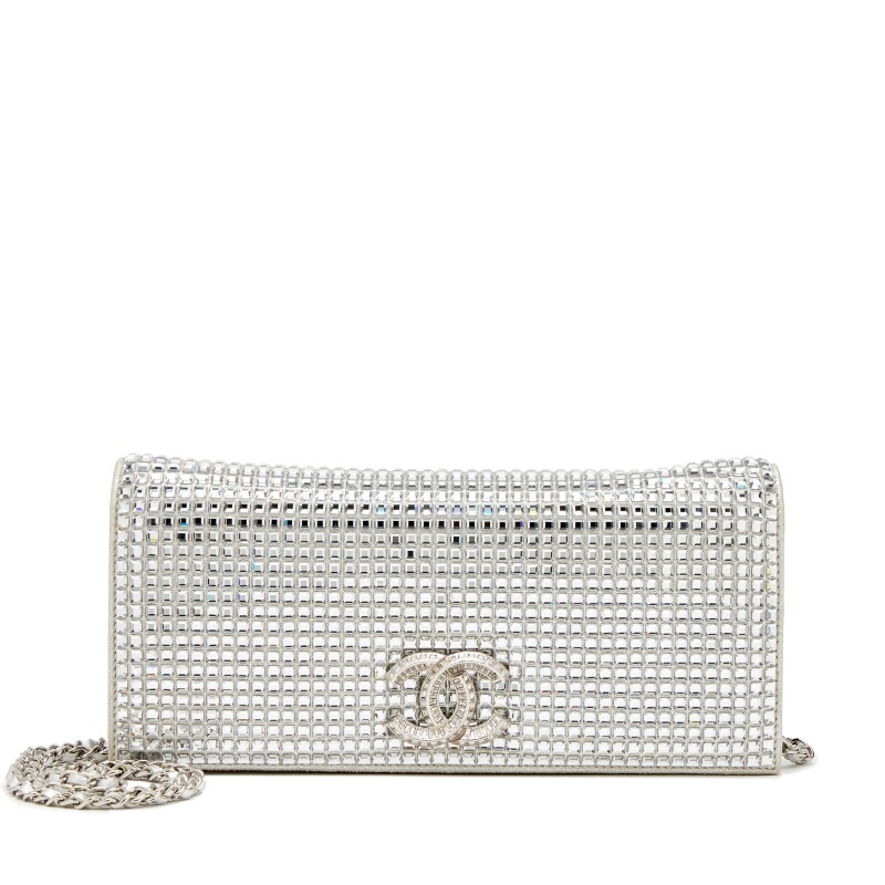 Metallic Goatskin Paris Dubai Baguette Strass Crystals Chain Evening Clutch Flap Bag Silver Hardware, 2015