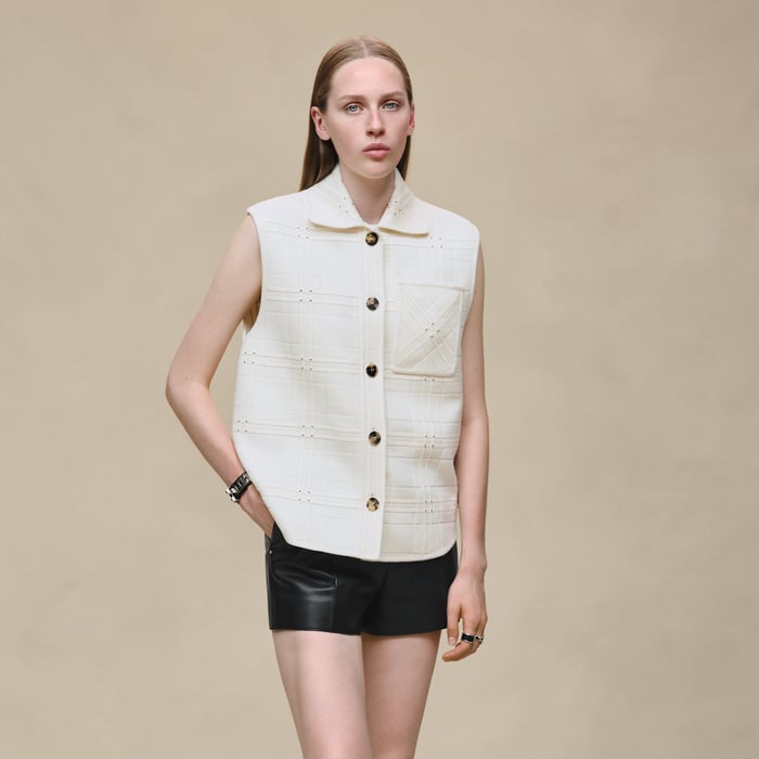 Blanc Naturel Embroidered Short Vest With Leather Detail