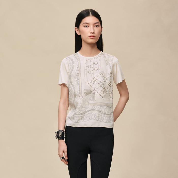 Gris Perle Pull Manches Courtes Imprimé « aux Champs En Fleurs Rayé »