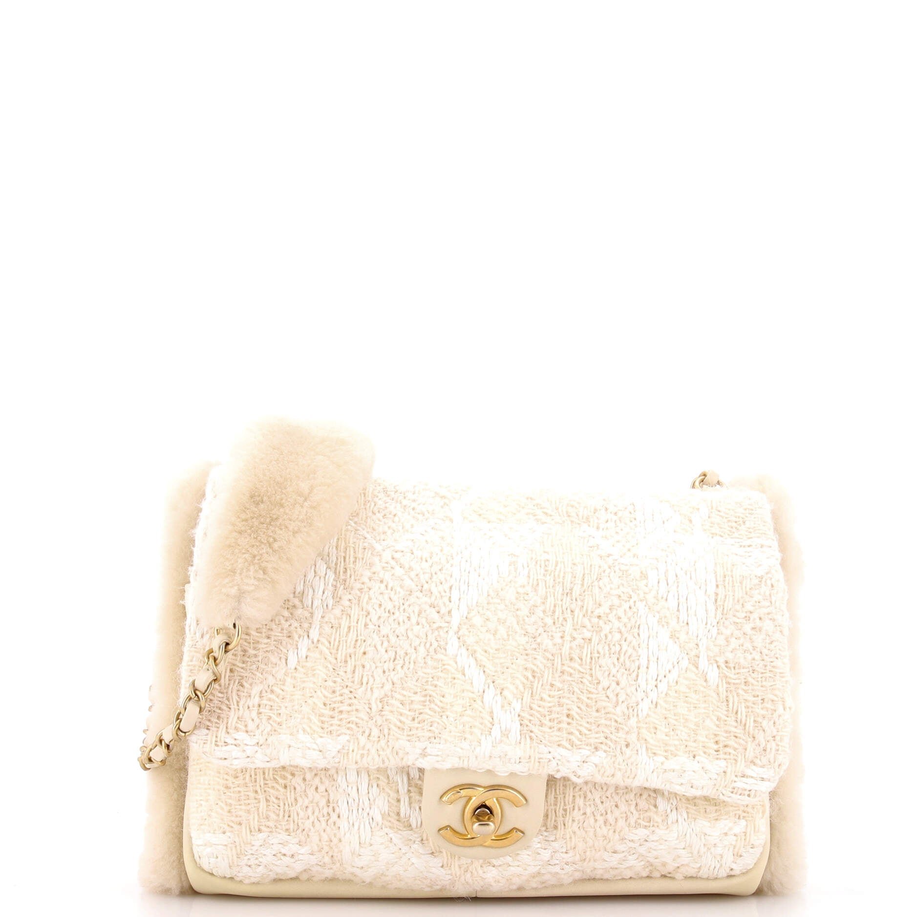 CC Muff Flap Bag Quilted Tweed and Lambskin with Shearling Jumbo