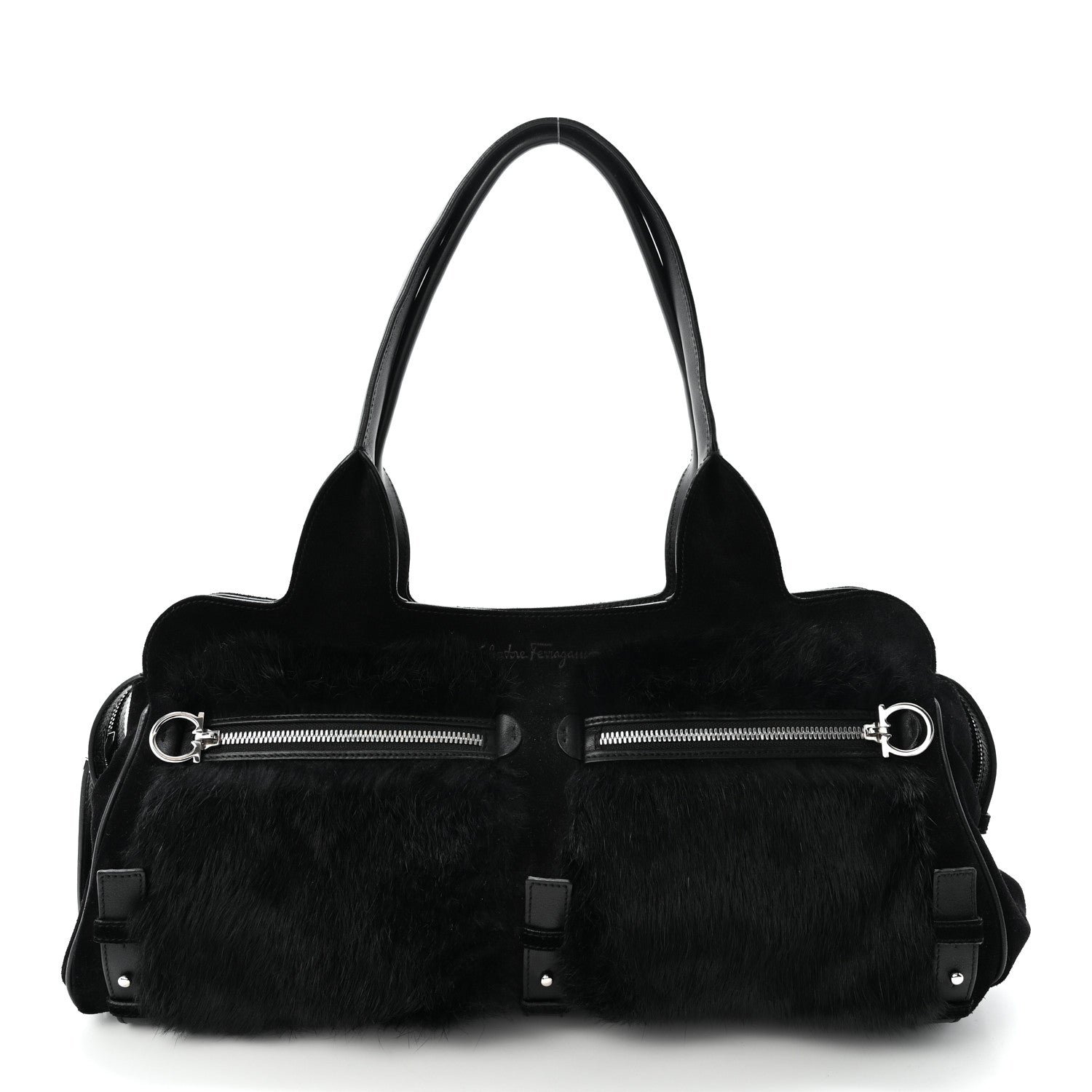 Salvatore Ferragamo Salvatore Ferragamo Fur Calfskin Suede Top Handle East West Tote Bag Black