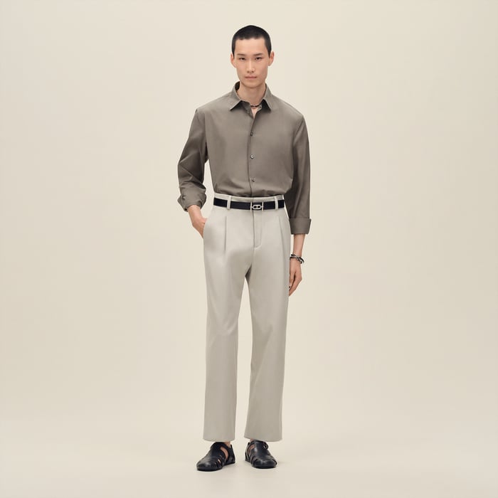 Gris Éléphant Straight Cut Shirt With Leather Detail