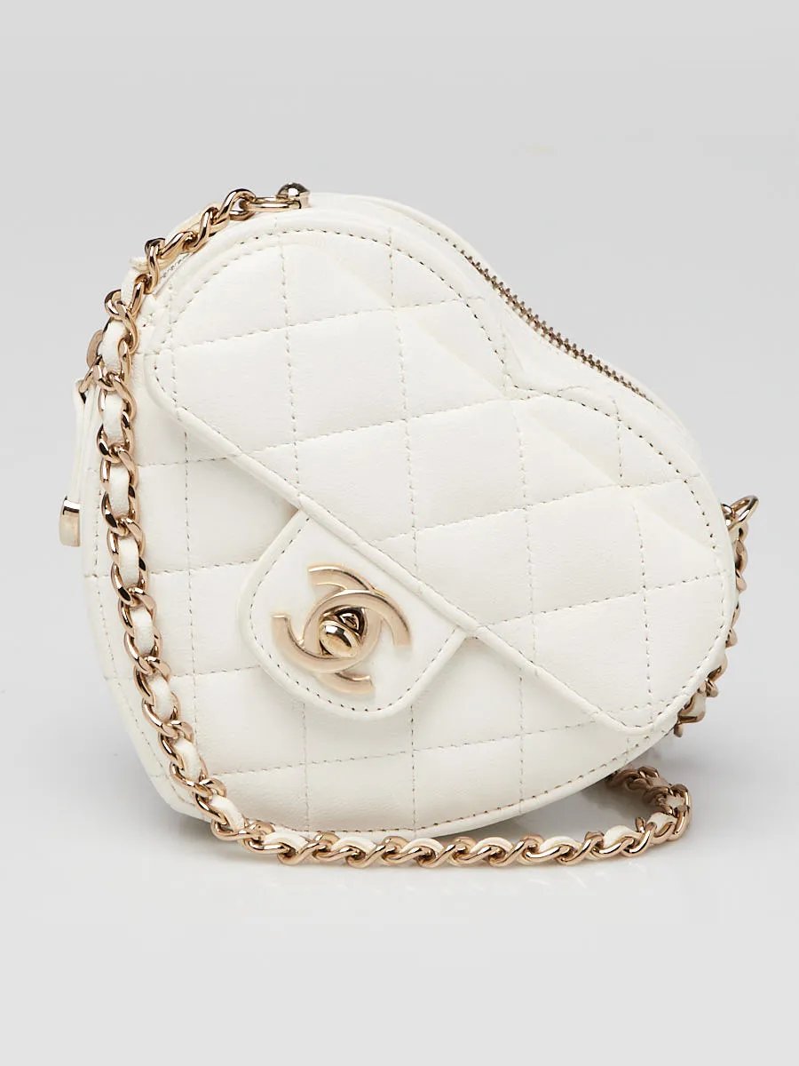 Chanel White Quilted Lambskin Leather CC In Love Heart Clutch With Chain Bag
