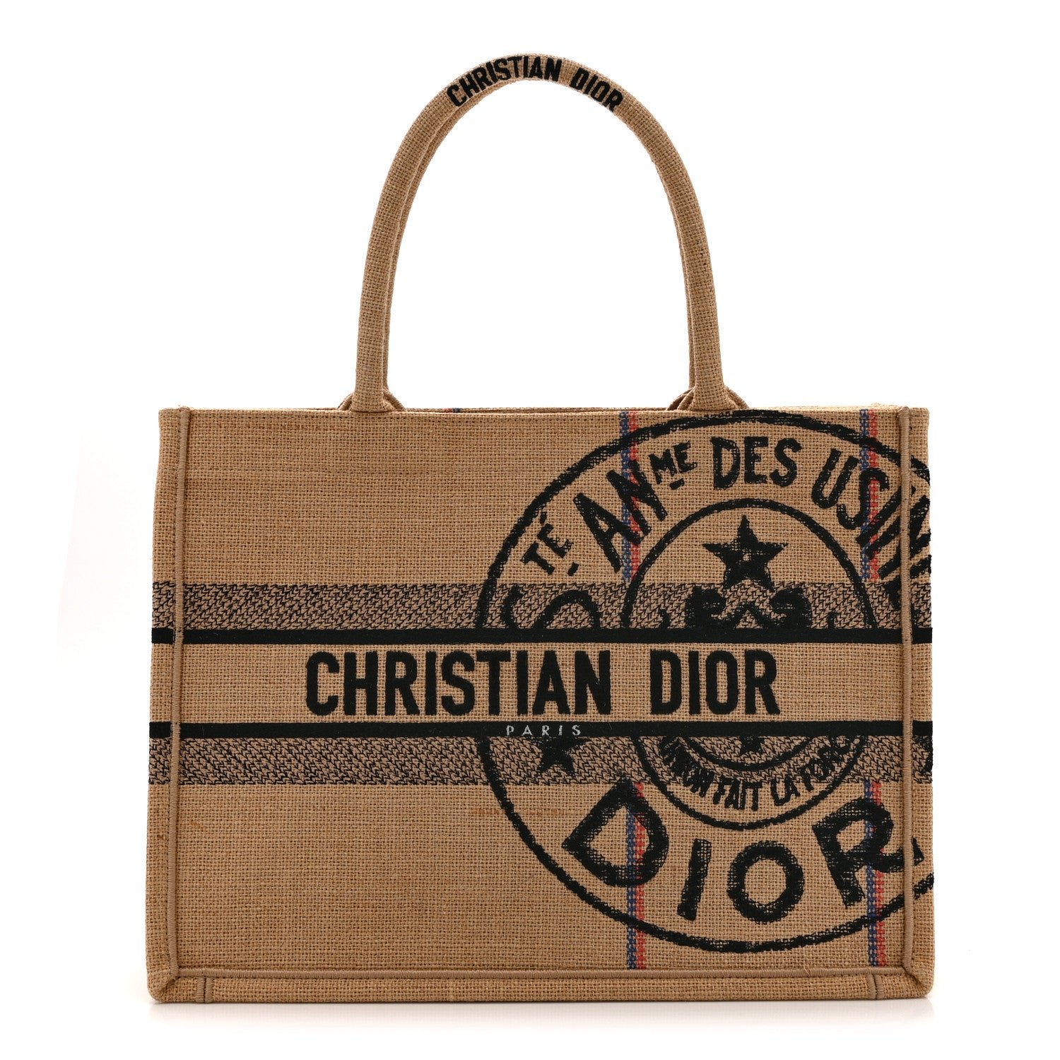 Dior Christian Dior Canvas Jute Embroidered Medium Book Tote Black Beige