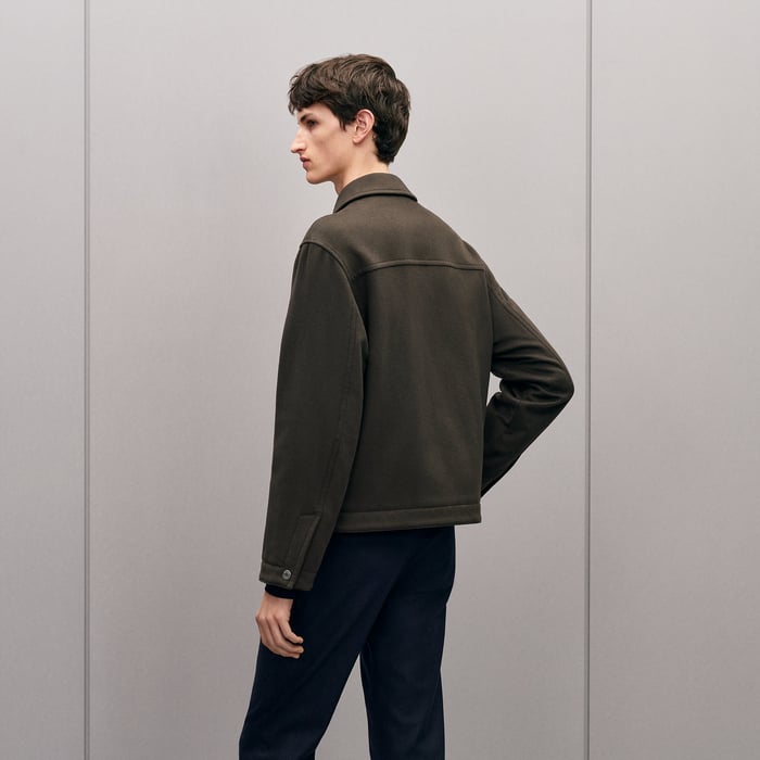 Taupe Cashmere Zipped Straight Cut Jacket With Leather Details
