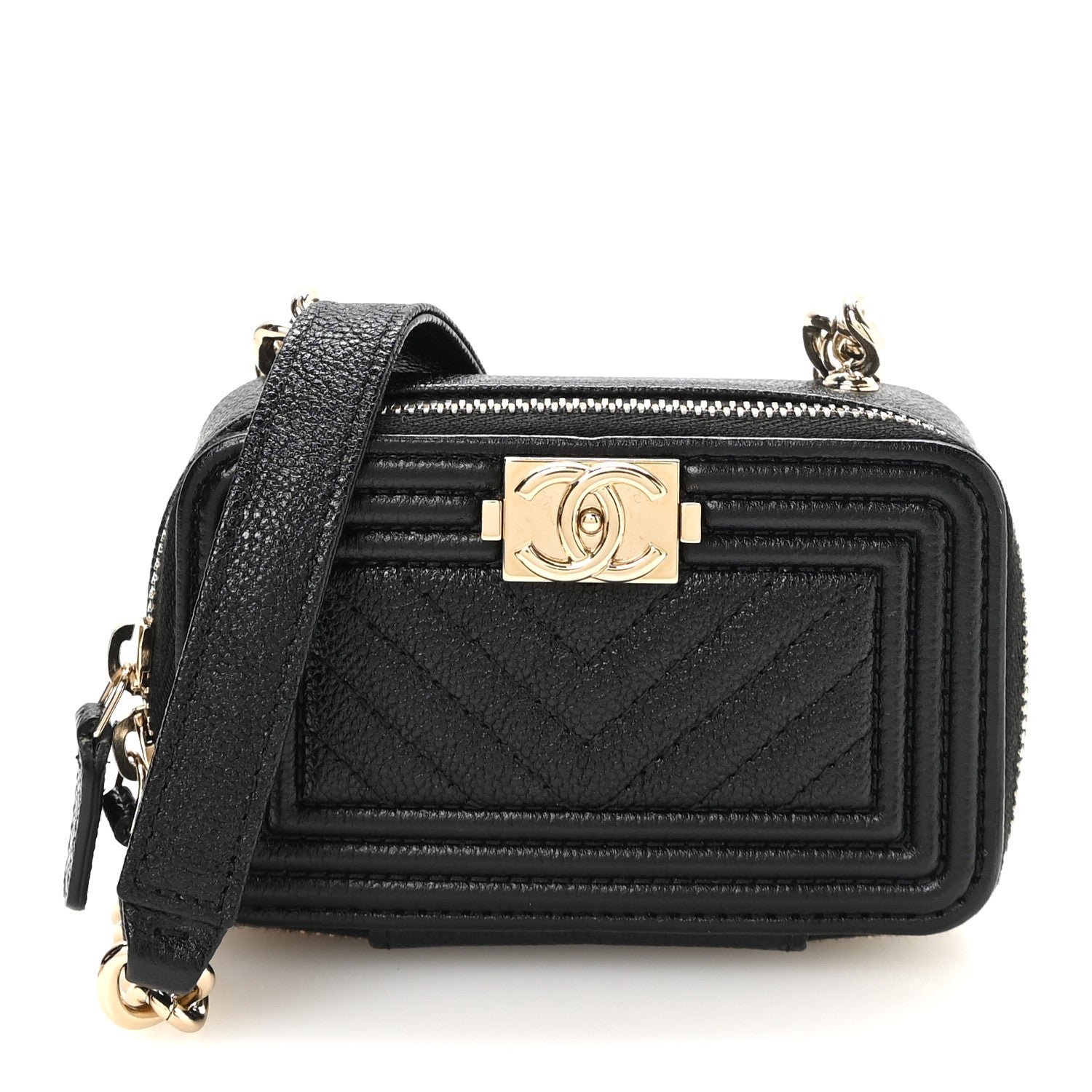 Chanel Caviar Chevron Quilted Mini Boy Clutch With Chain Black