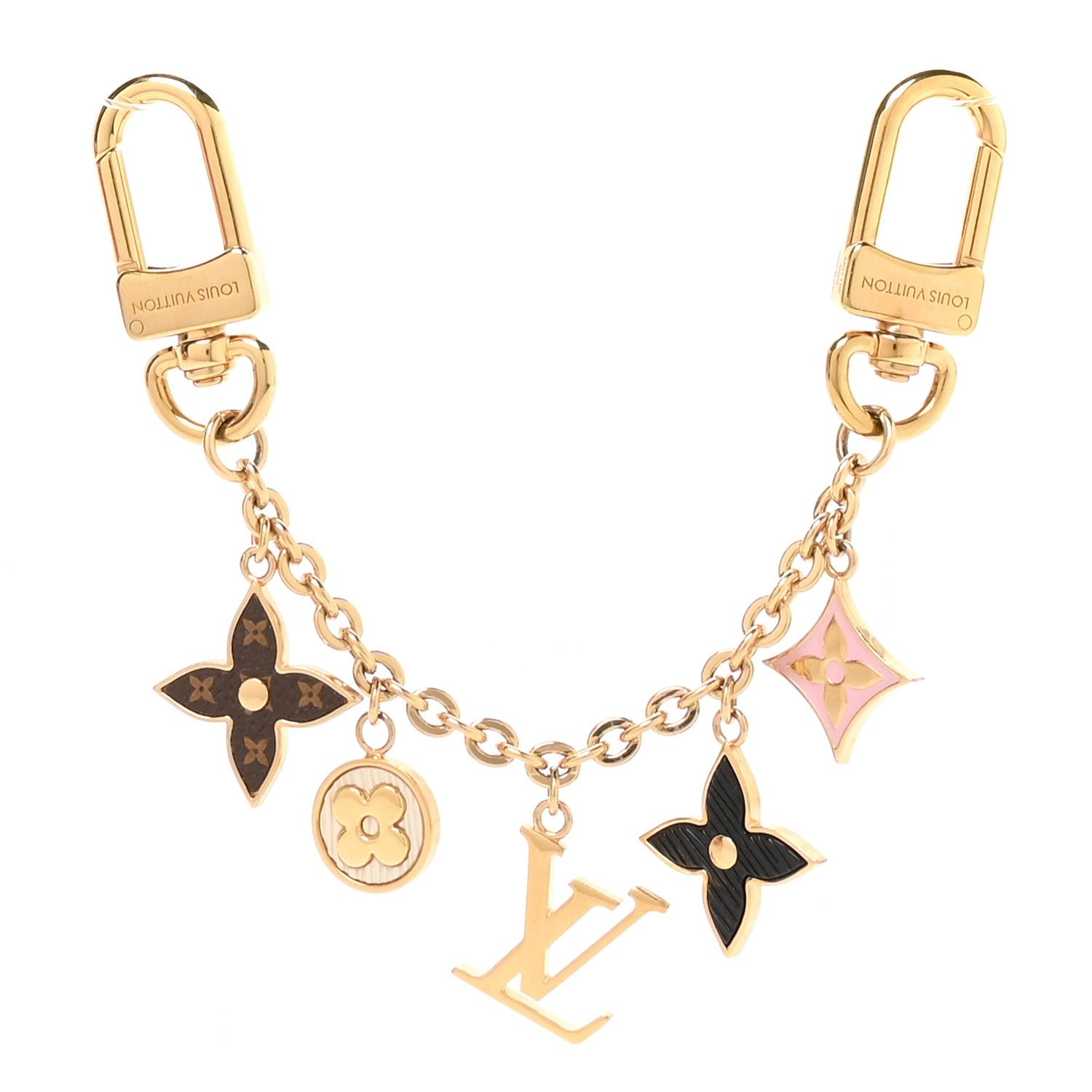 Brass Enamel Fleur De Monogram Bag Charm Chain Gold