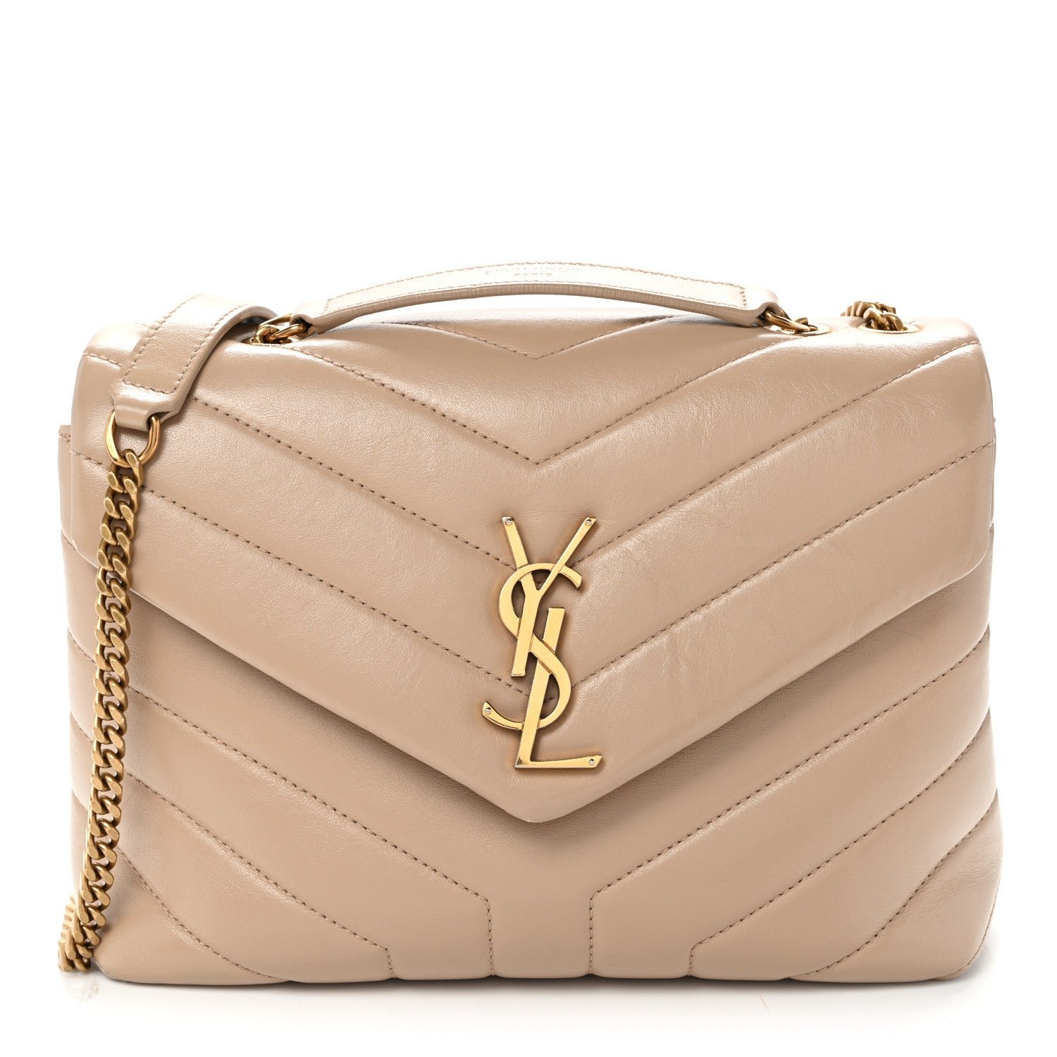 Saint Laurent Calfskin Y Quilted Monogram Small Loulou Chain Satchel Dark Beige